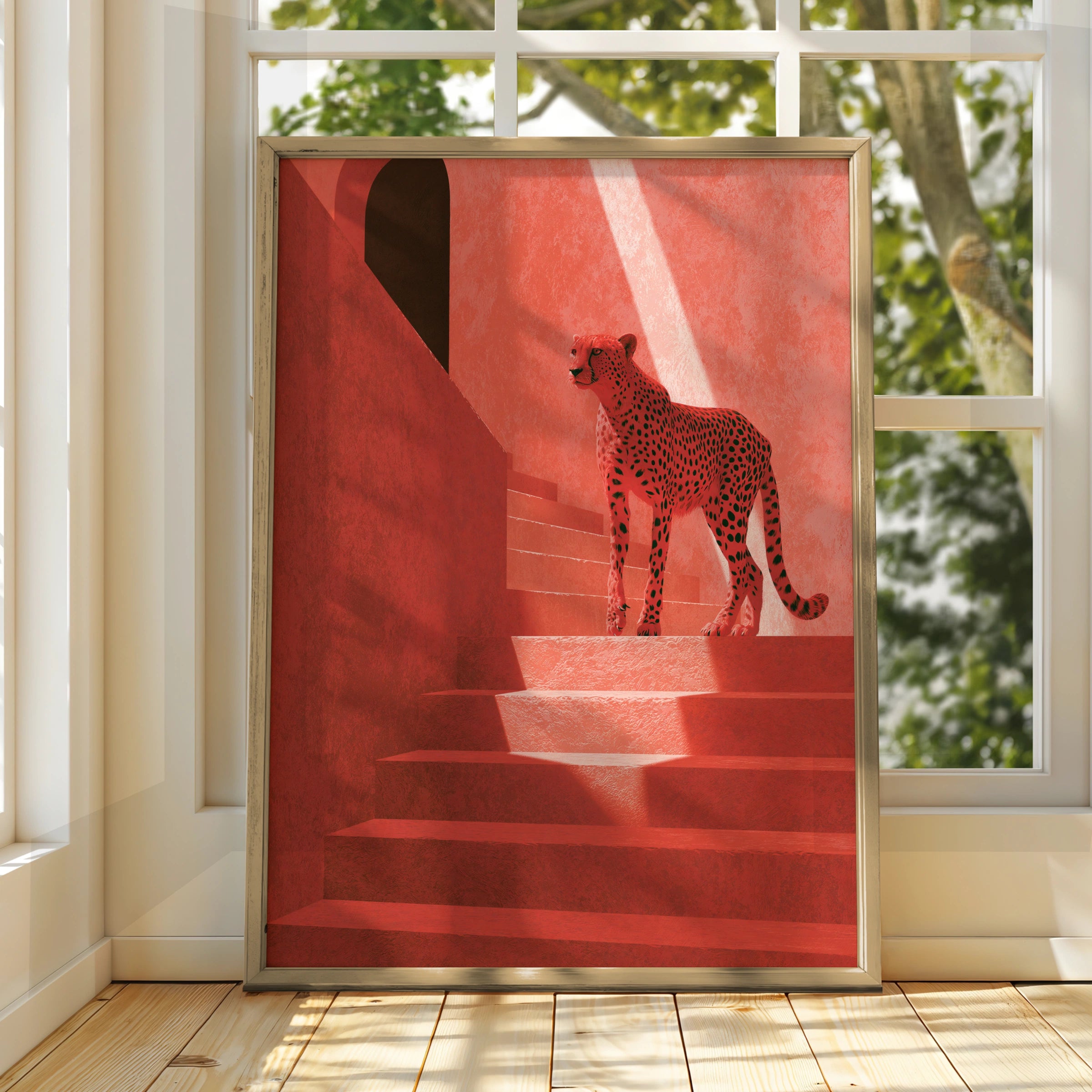 Cheetah on Red Stairs Wall Art, Modern Animal Print, Minimalist Home Decor