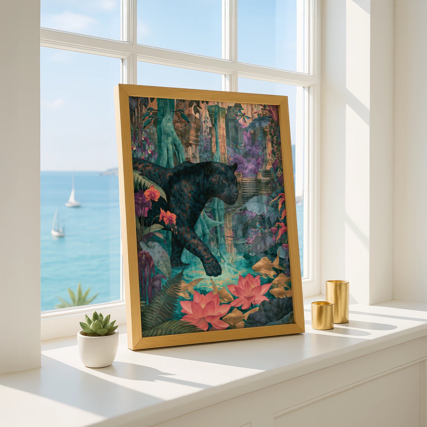 Panther in Lush Jungle Scene, Art Print, Vibrant Wildlife Decor, Tropical Botanical