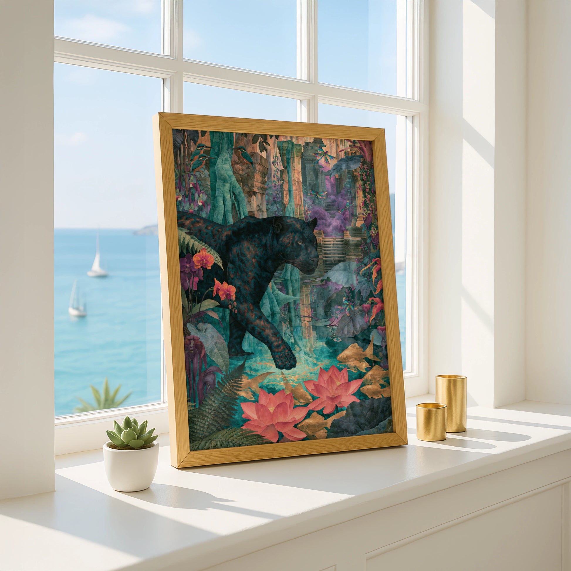 Panther in Lush Jungle Scene, Art Print, Vibrant Wildlife Decor, Tropical Botanical