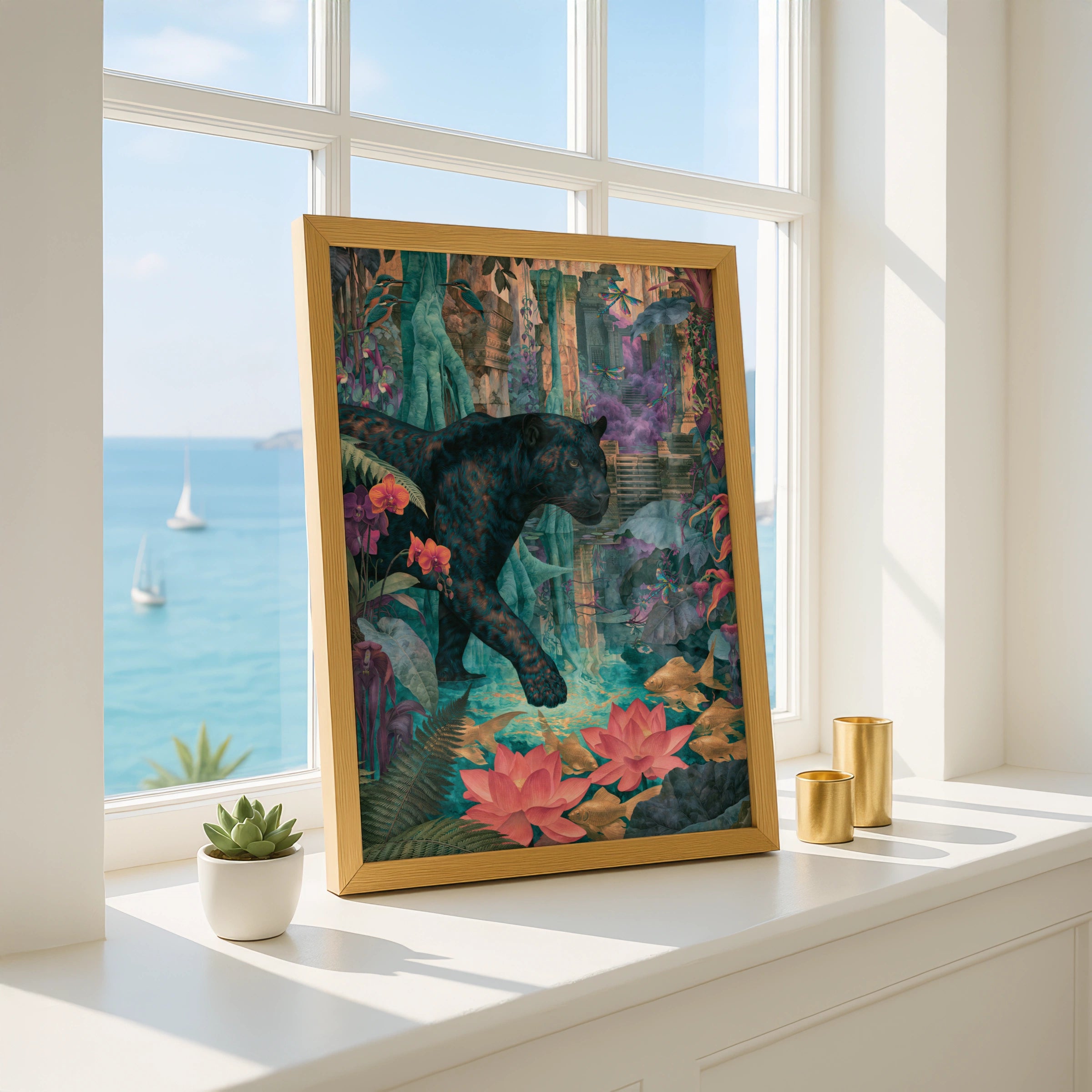 Panther in Lush Jungle Scene, Art Print, Vibrant Wildlife Decor, Tropical Botanical