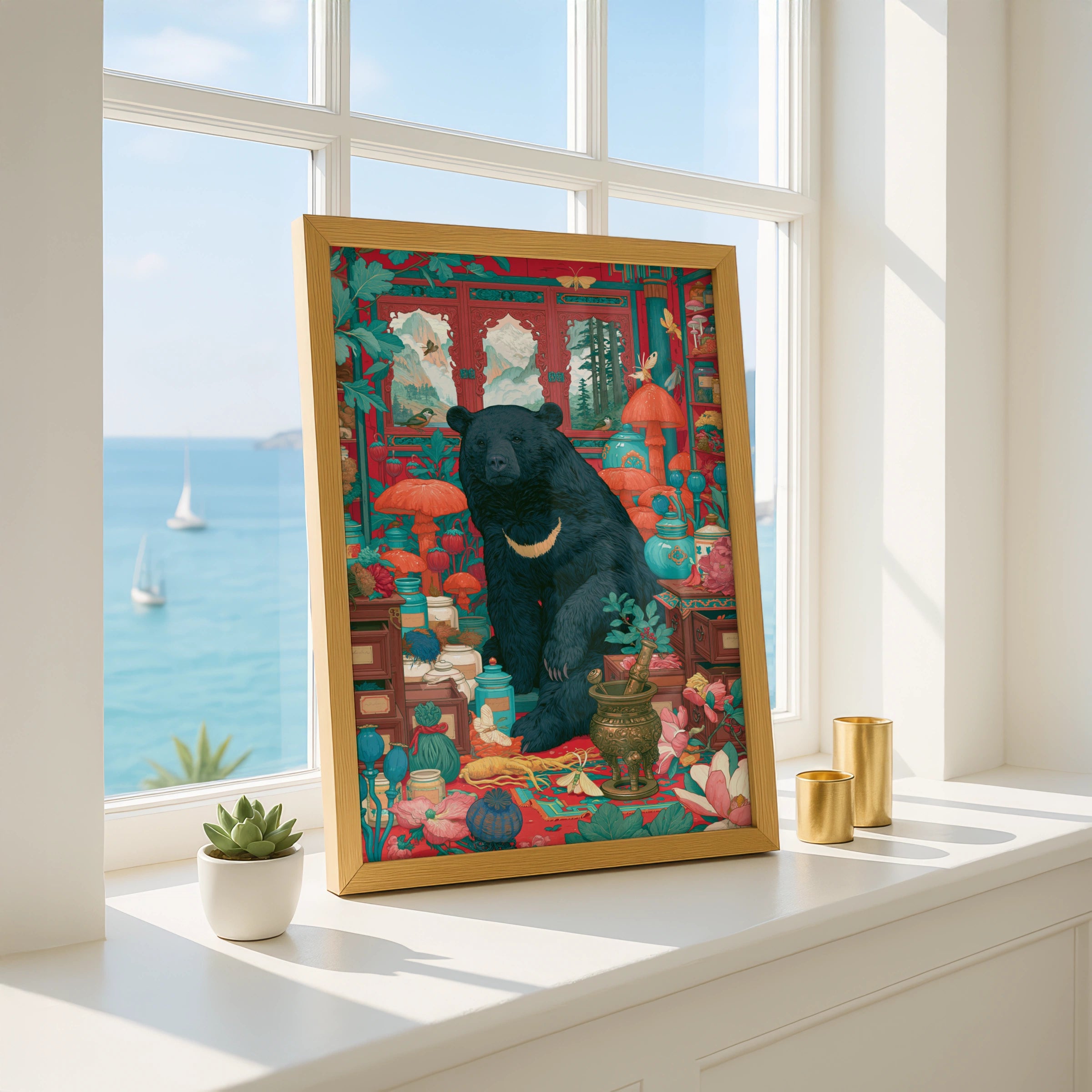 Bear Apothecary Art Print, Botanical Wall Art, Colourful Nature Decor