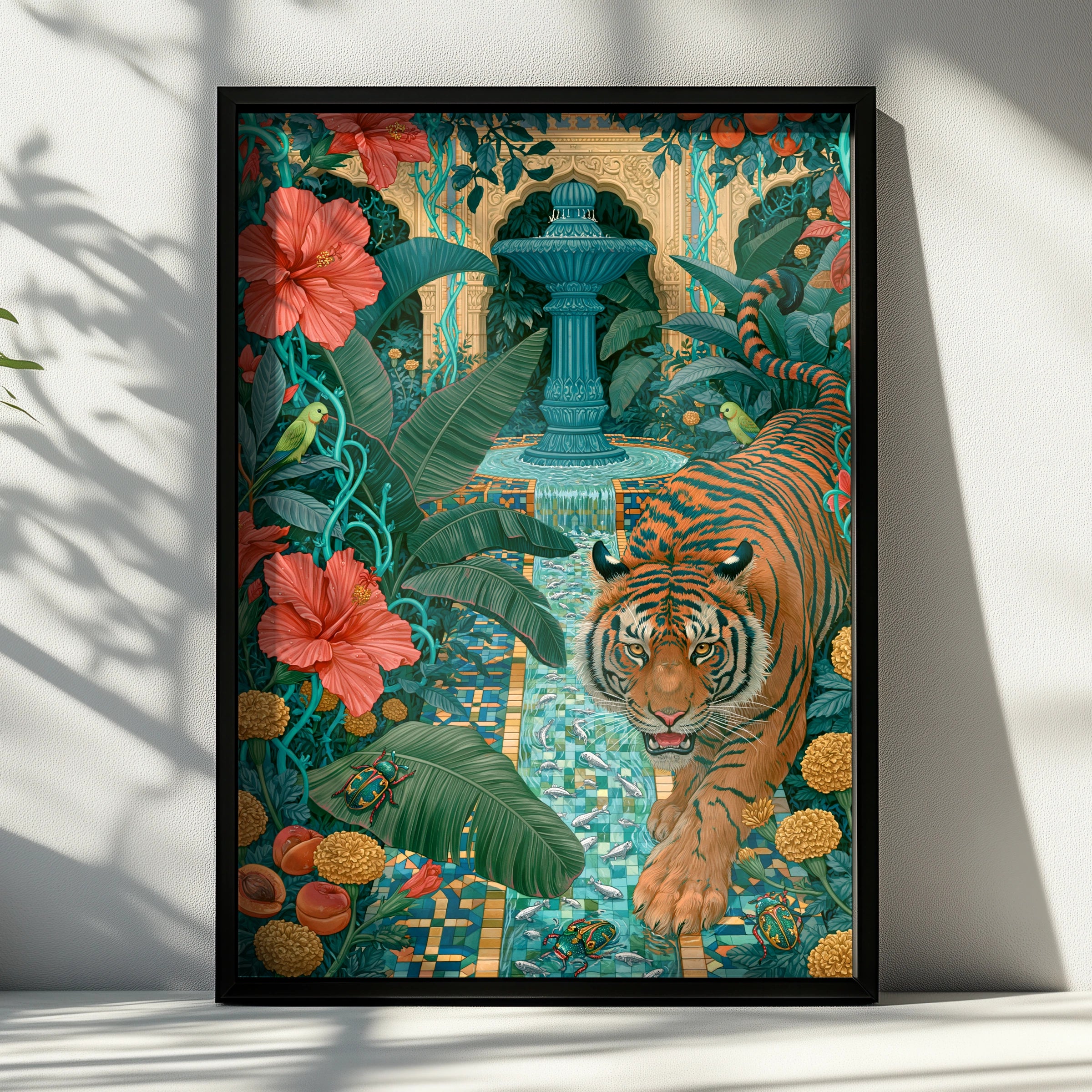Majestic Tiger in Tropical Garden, Art Print, Vibrant Colours, Bold Details, Exotic Flora