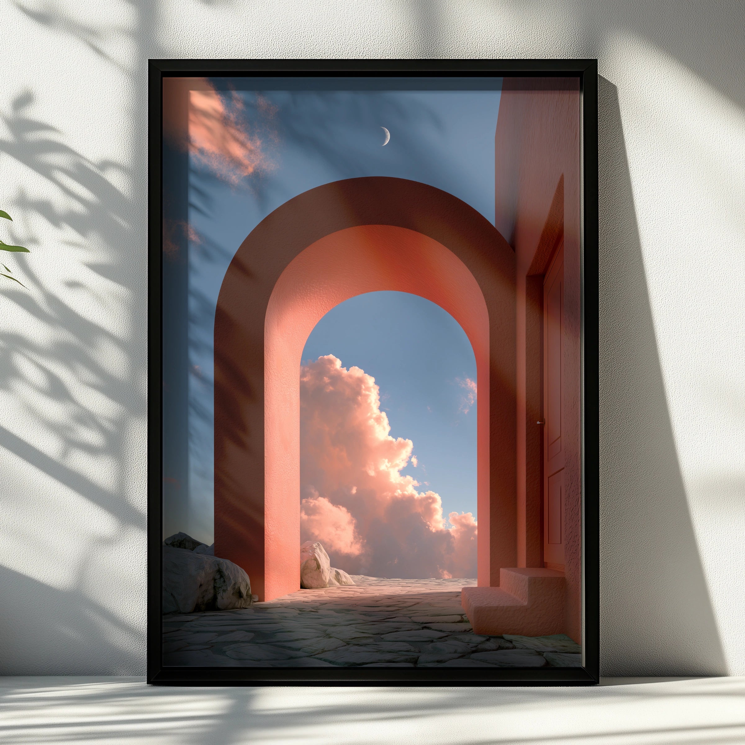 Vibrant Red Archway, Surreal Cloudy Sky, Modern Art Print, Minimalist Decor