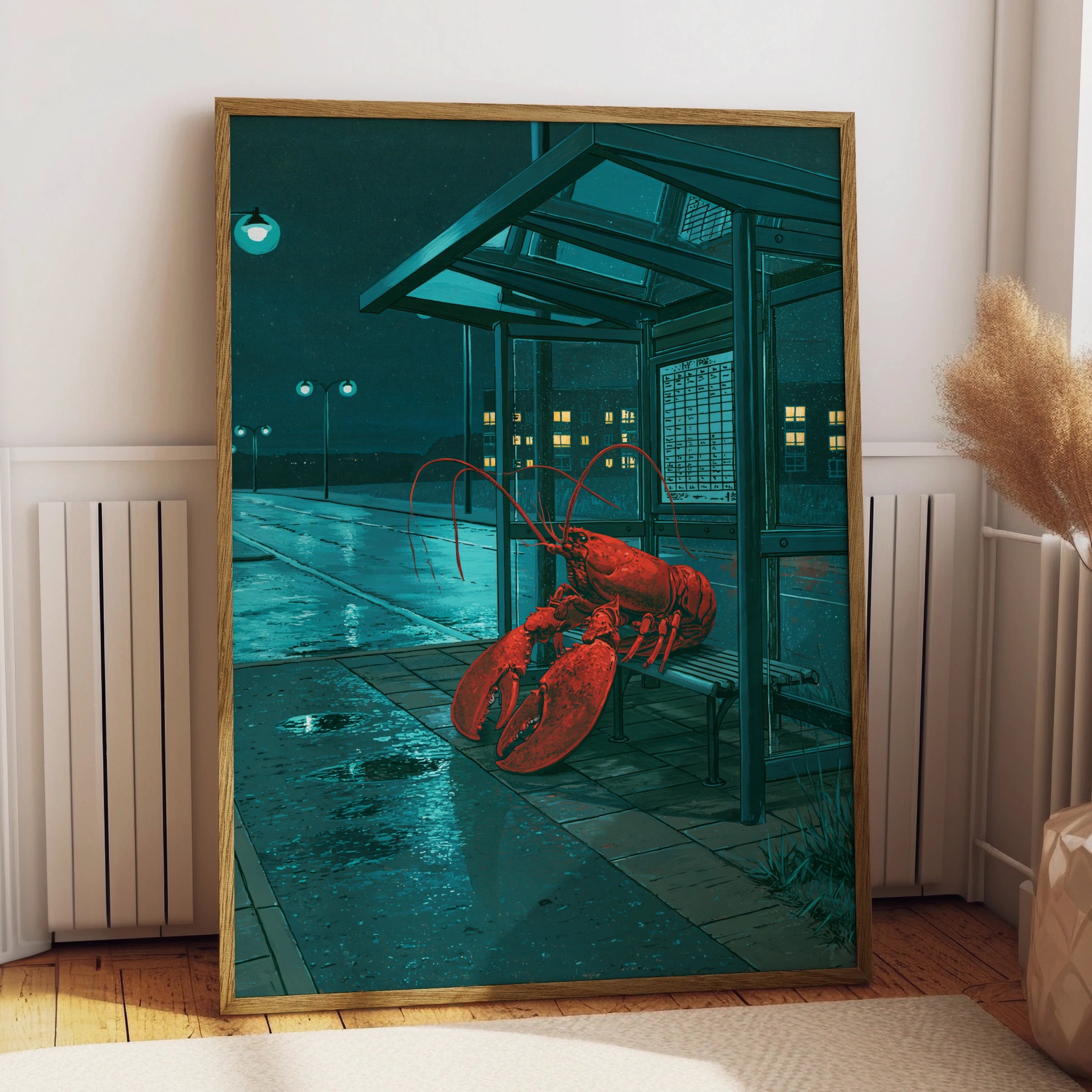 Lobster at Bus Stop Art Print, Quirky Maritime Decor, Night Scene Illustration