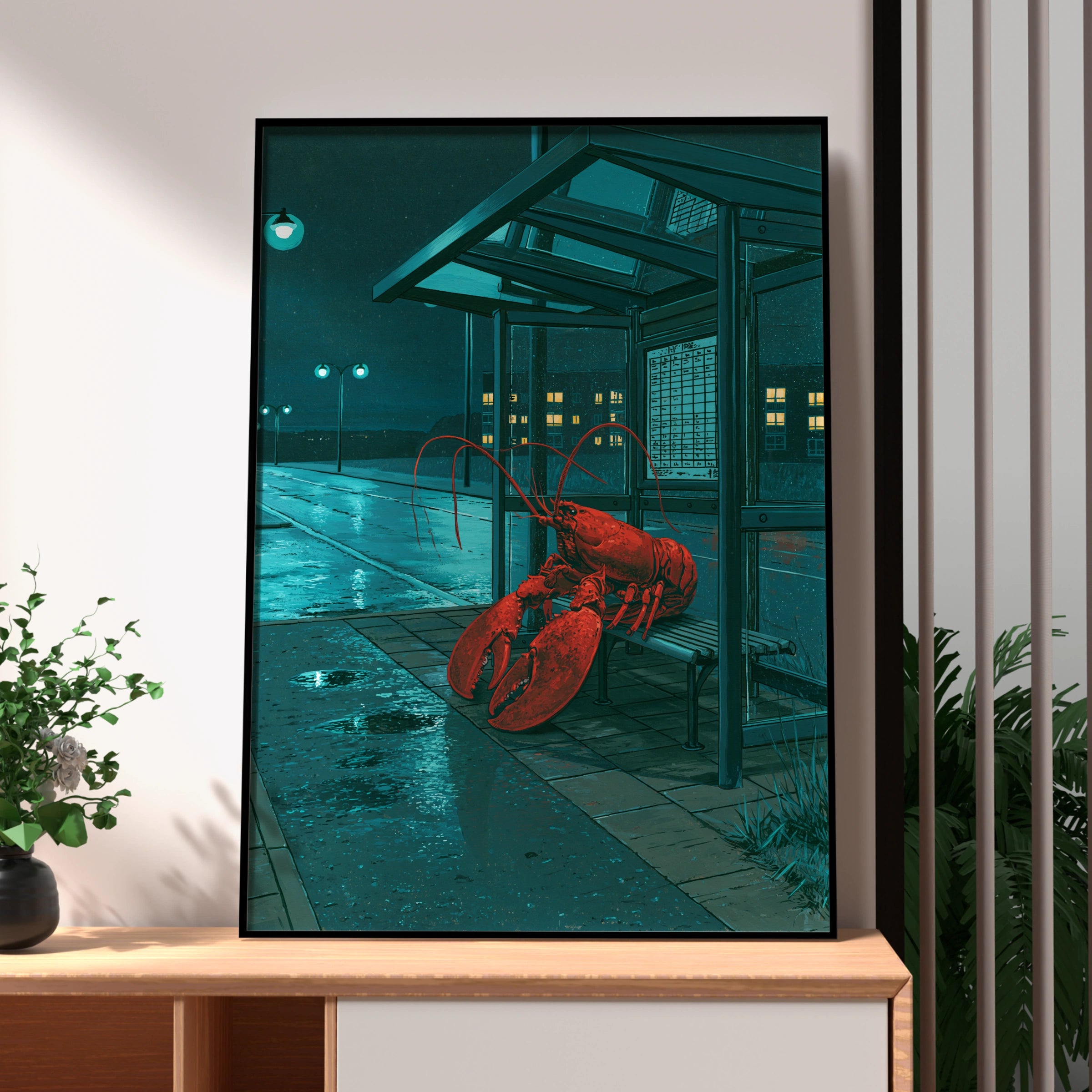 Lobster at Bus Stop Art Print, Quirky Maritime Decor, Night Scene Illustration