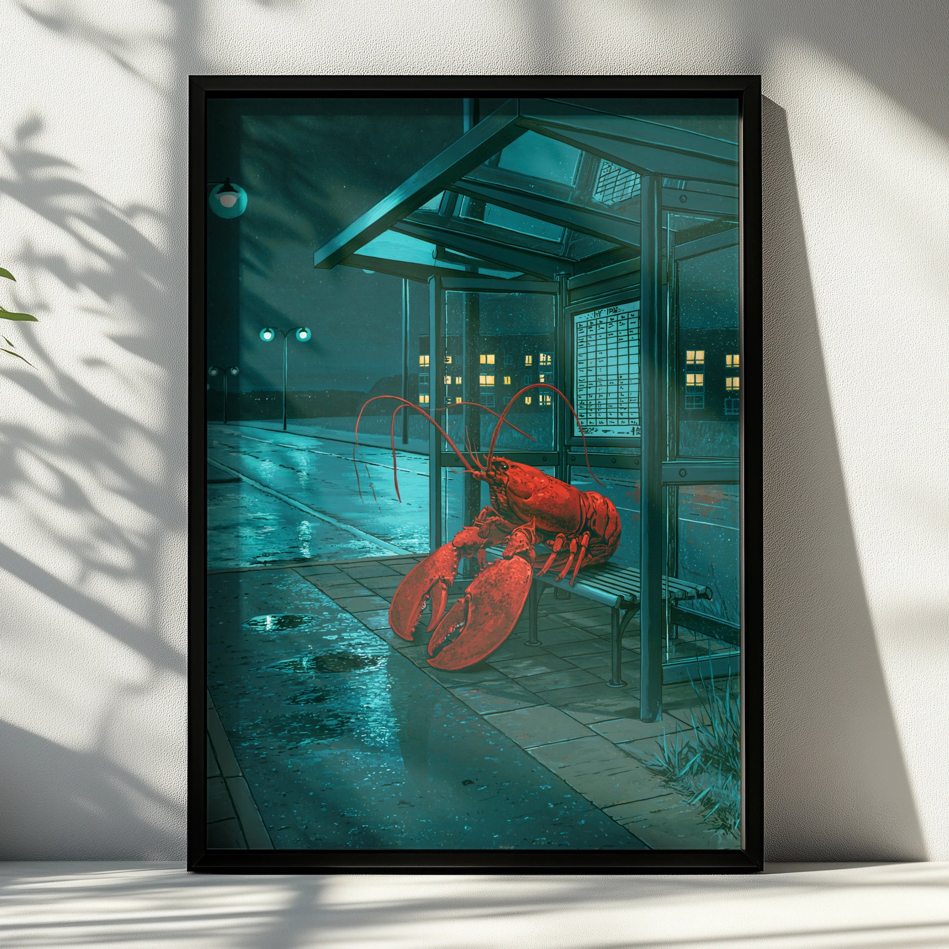Lobster at Bus Stop Art Print, Quirky Maritime Decor, Night Scene Illustration