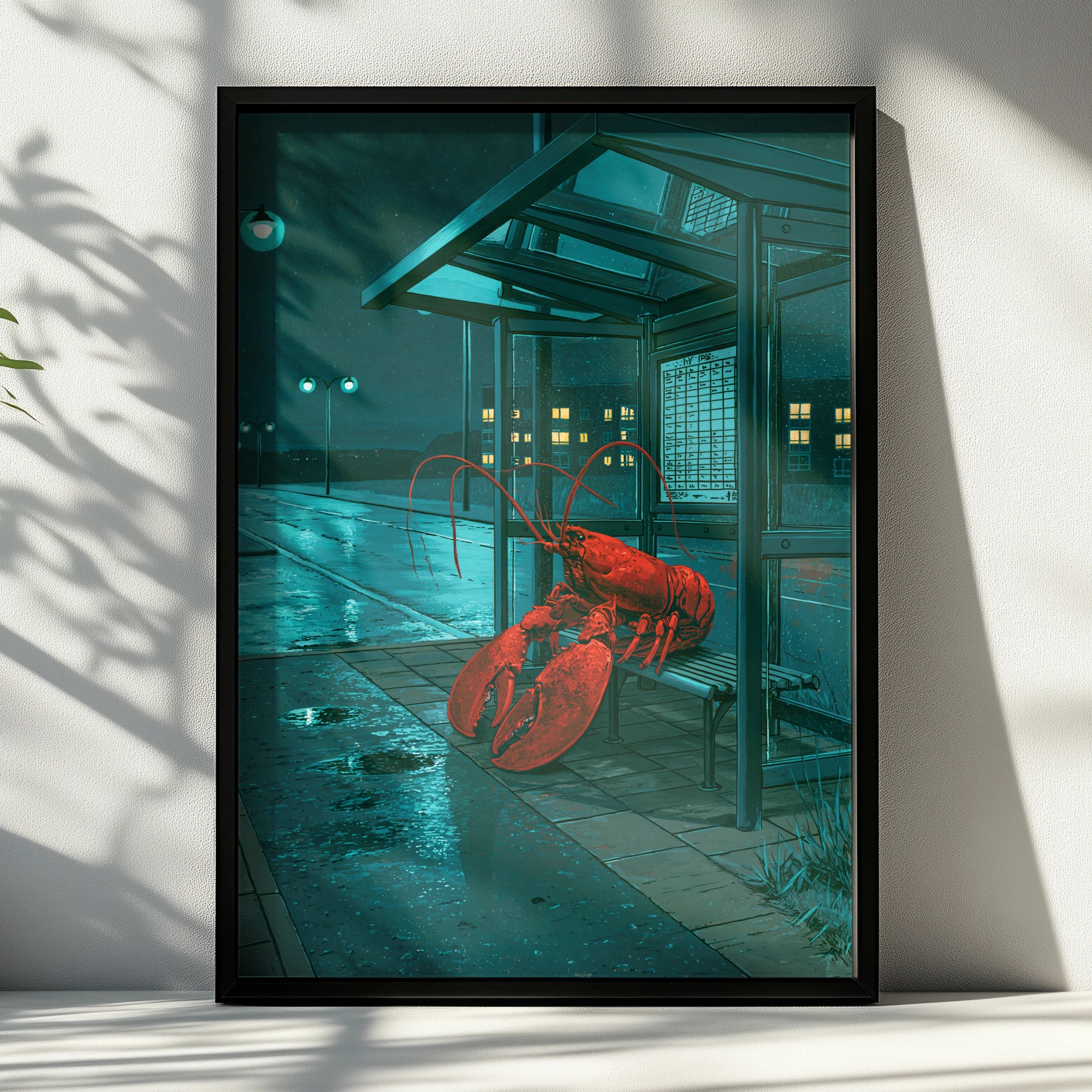 Lobster at Bus Stop Art Print, Quirky Maritime Decor, Night Scene Illustration