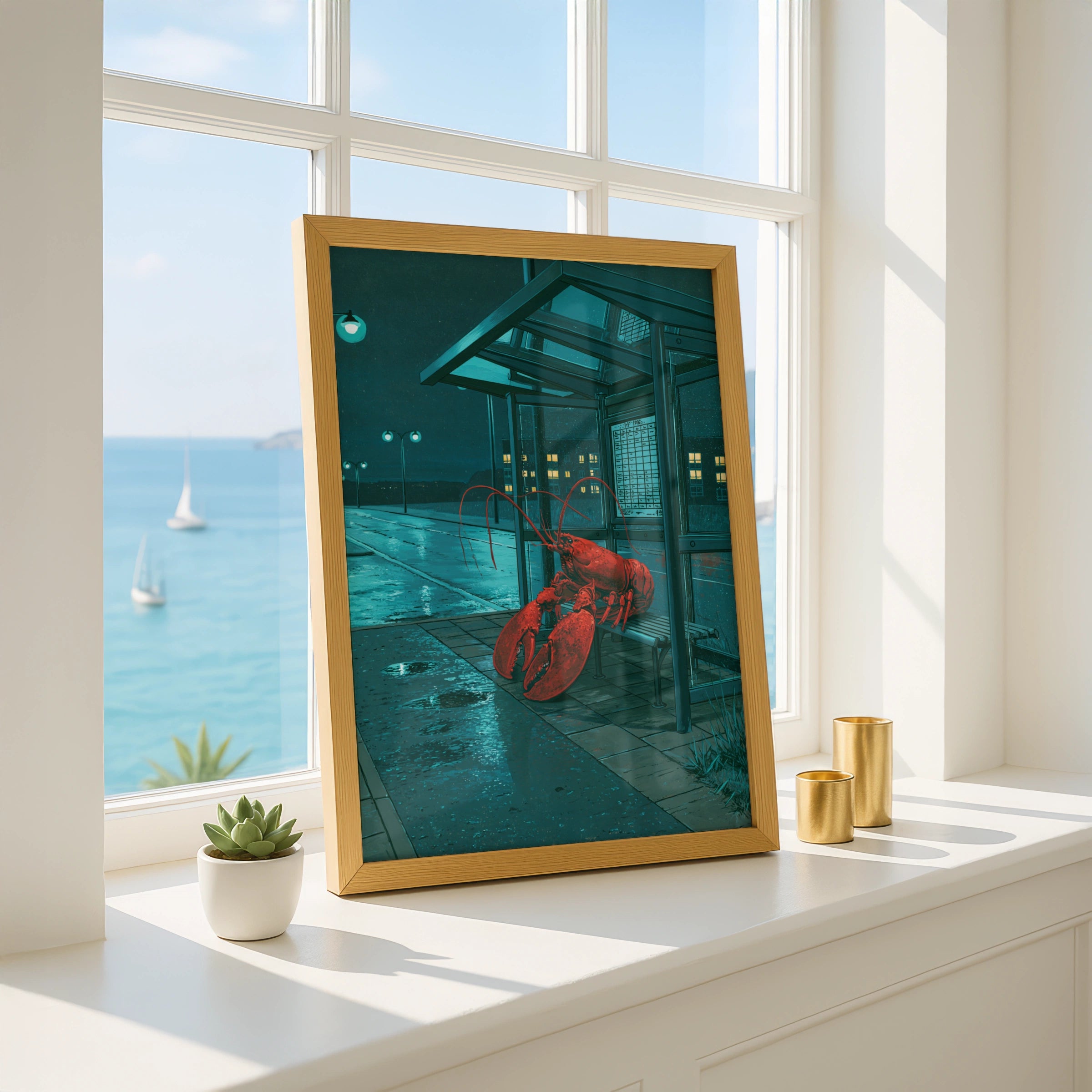 Lobster at Bus Stop Art Print, Quirky Maritime Decor, Night Scene Illustration