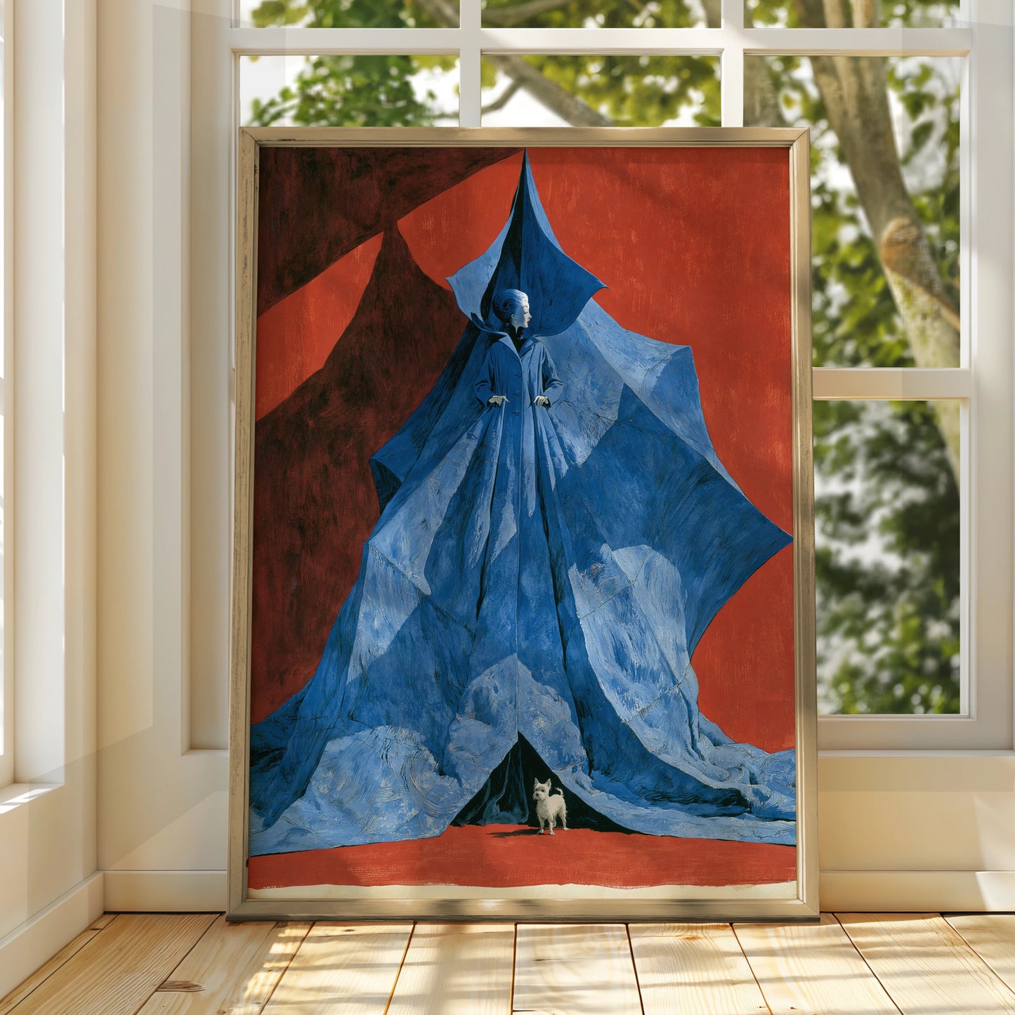 Blue Dog, Woman in Blue Cloak, Artistic Print, Bold Illustration, Wall Decor