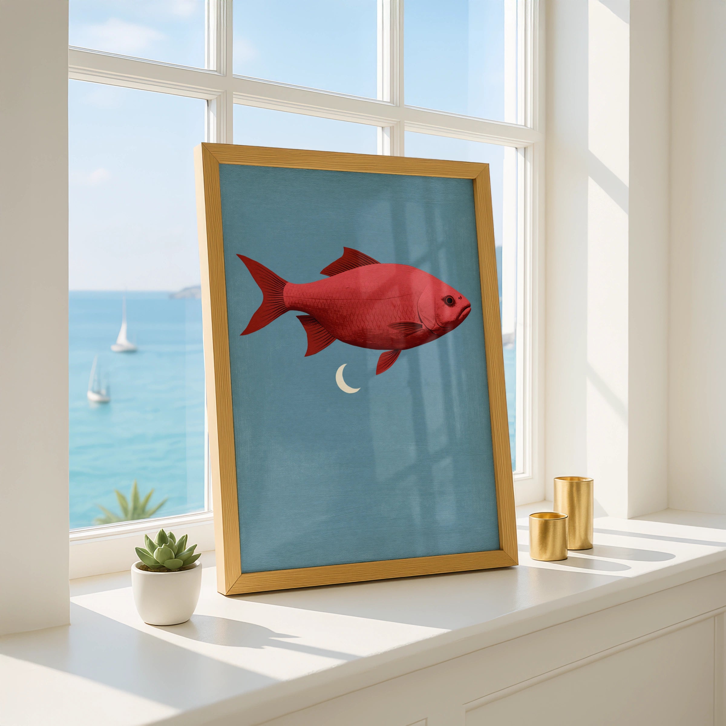 Red Fish Flying Beneath Moon, Printable Art, Modern Wall Decor, Minimalist Illustration