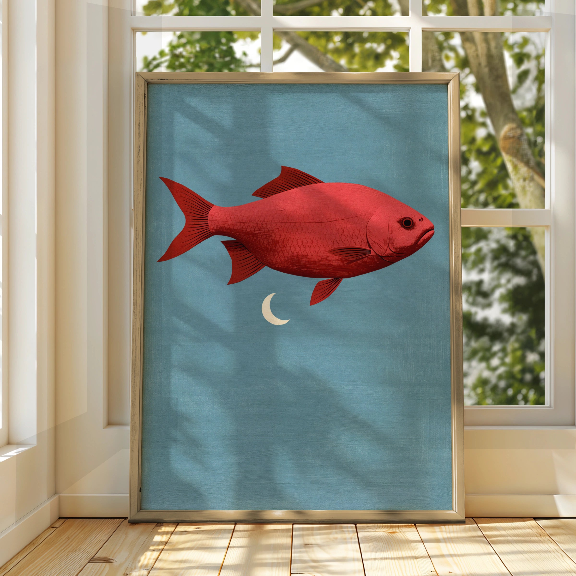 Red Fish Flying Beneath Moon, Printable Art, Modern Wall Decor, Minimalist Illustration