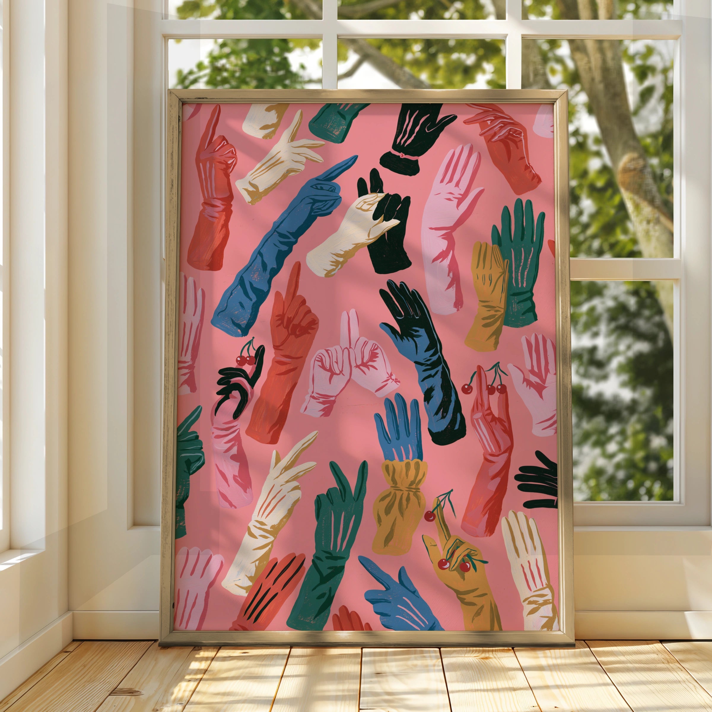 Colourful Gloves Motif Art Print, Vibrant Hand Illustrations, Whimsical Home Decor