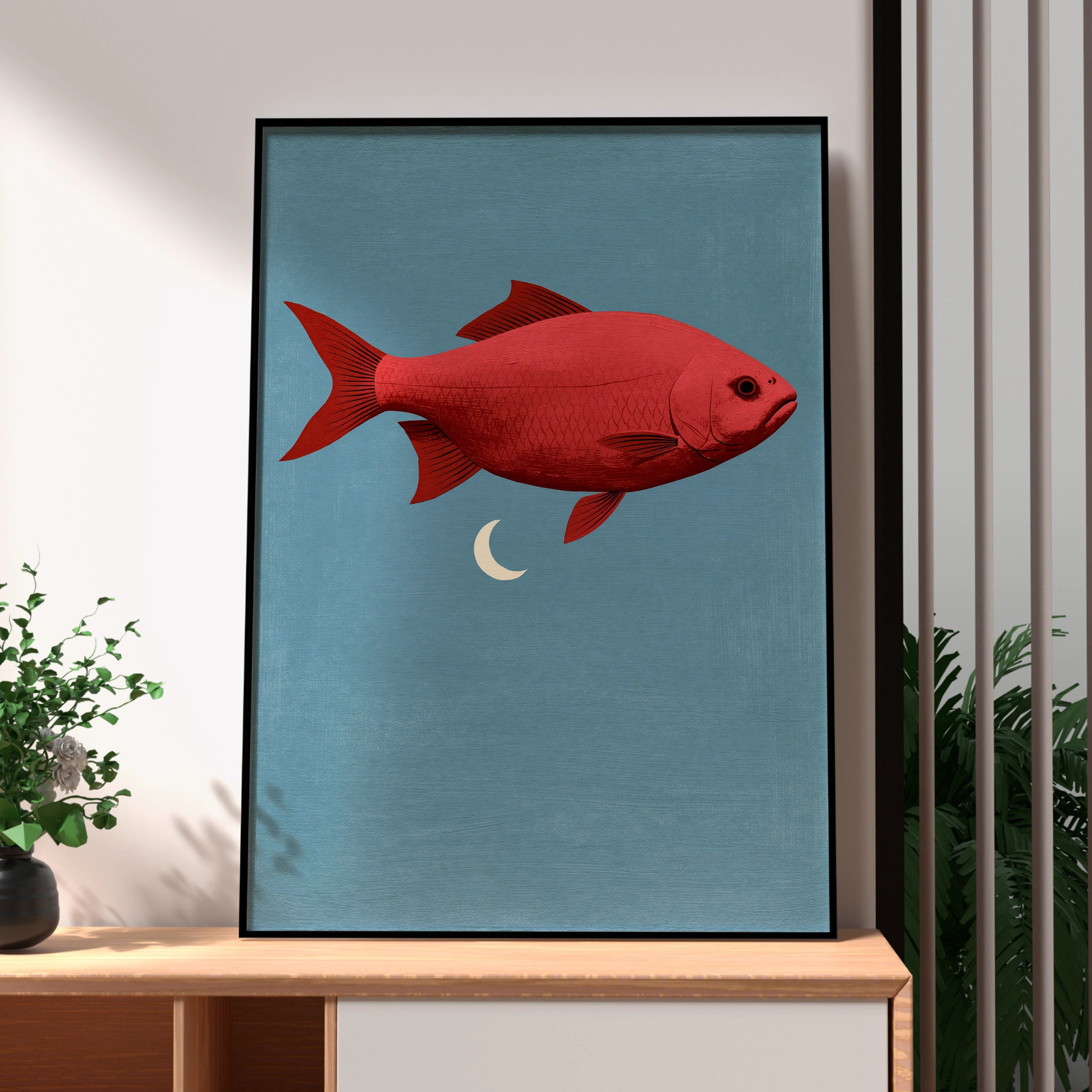 Red Fish Flying Beneath Moon, Printable Art, Modern Wall Decor, Minimalist Illustration