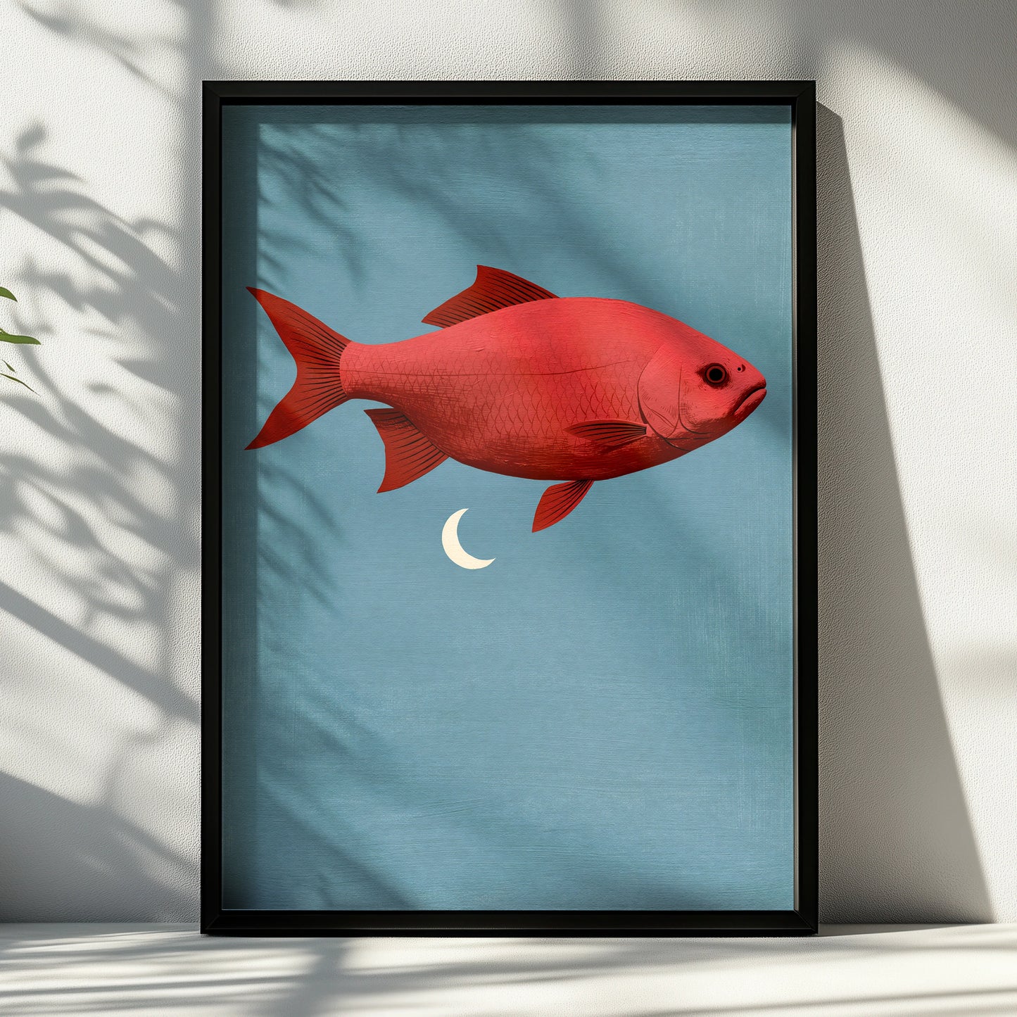 Red Fish Flying Beneath Moon, Printable Art, Modern Wall Decor, Minimalist Illustration