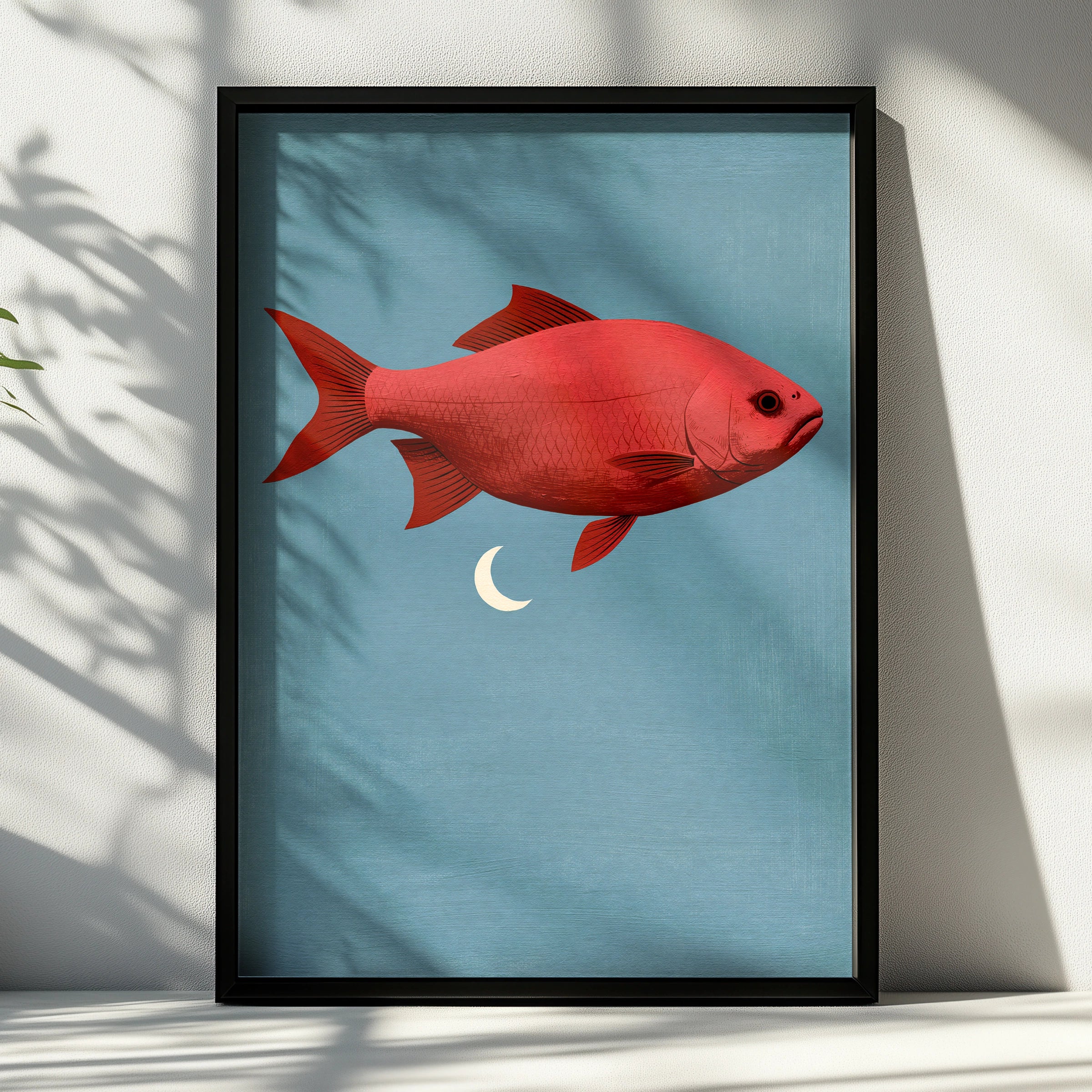 Red Fish Flying Beneath Moon, Printable Art, Modern Wall Decor, Minimalist Illustration