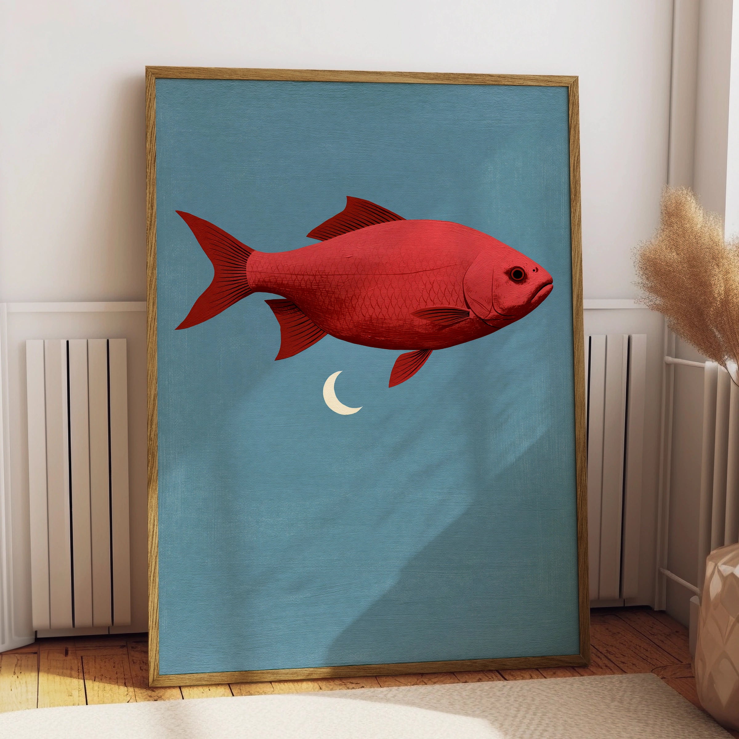 Red Fish Flying Beneath Moon, Printable Art, Modern Wall Decor, Minimalist Illustration