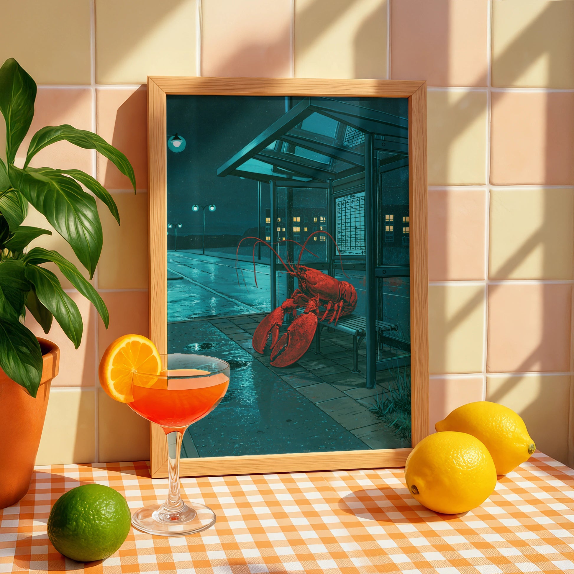 Lobster at Bus Stop Art Print, Quirky Maritime Decor, Night Scene Illustration