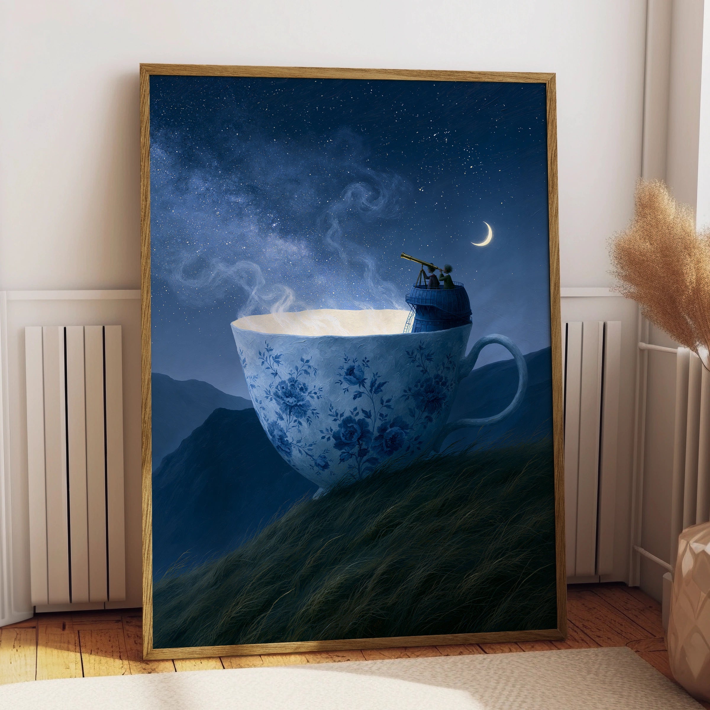 Teacup Hill Art Print, Whimsical Cosmic Journey, Unique Decor for Coffee Lovers