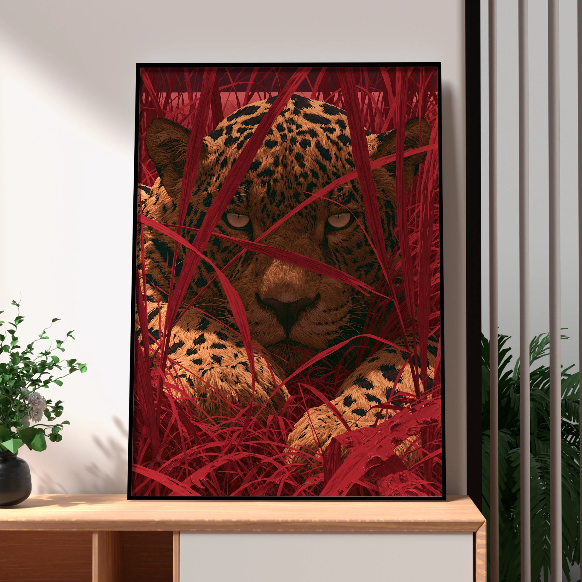 Jaguar Stalking, Animal Wall Art, Bold Red Leaves, Modern Digital Print