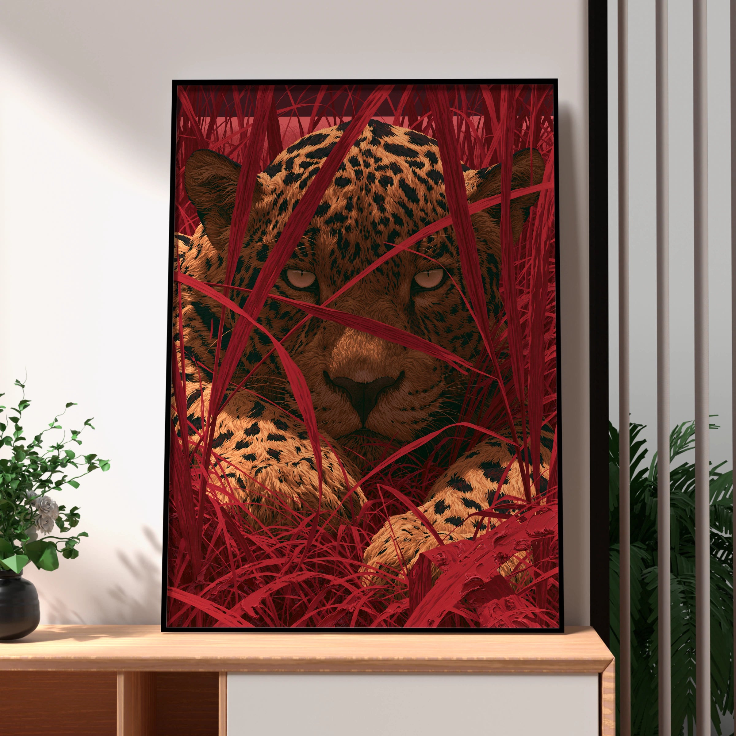 Jaguar Stalking, Animal Wall Art, Bold Red Leaves, Modern Digital Print