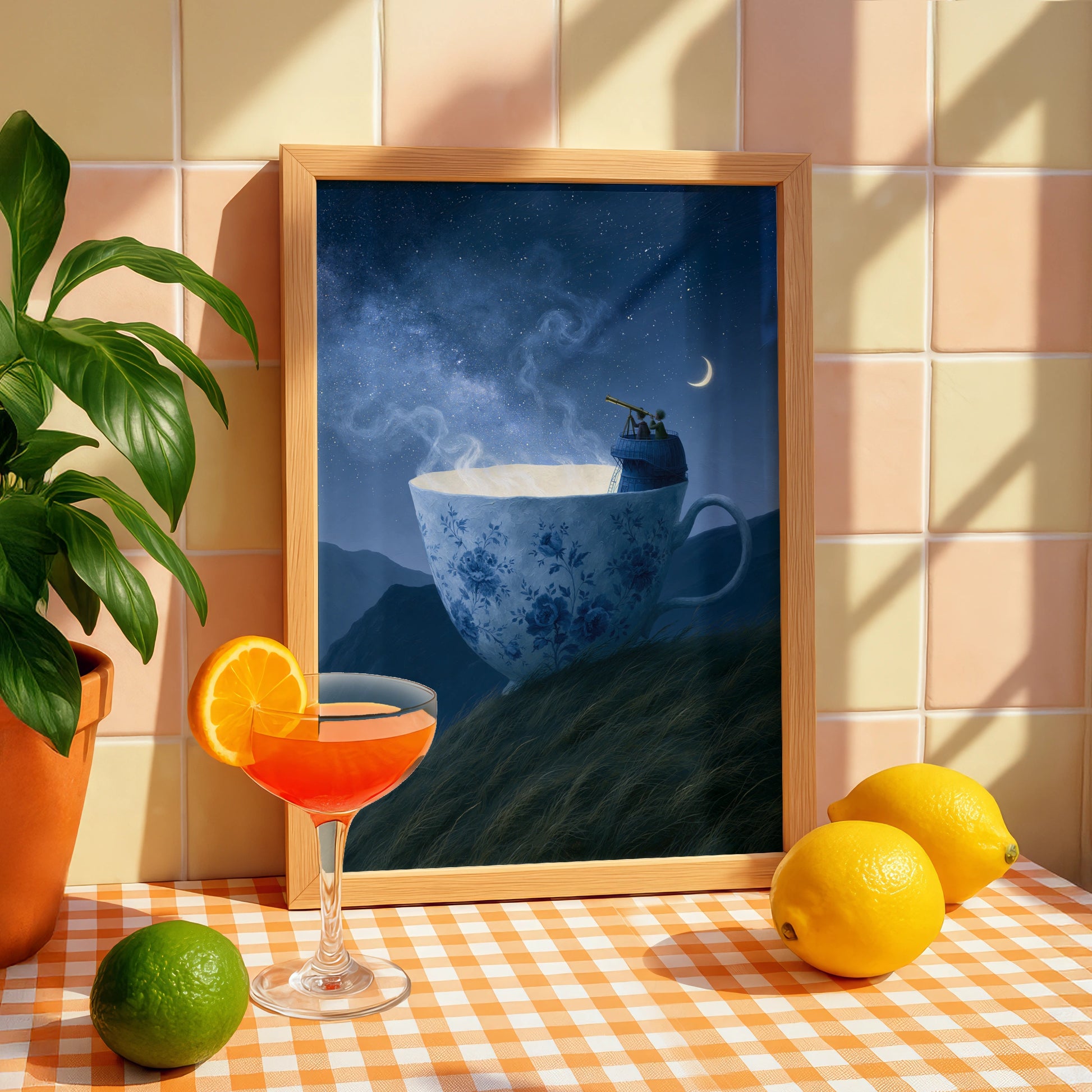 Teacup Hill Art Print, Whimsical Cosmic Journey, Unique Decor for Coffee Lovers