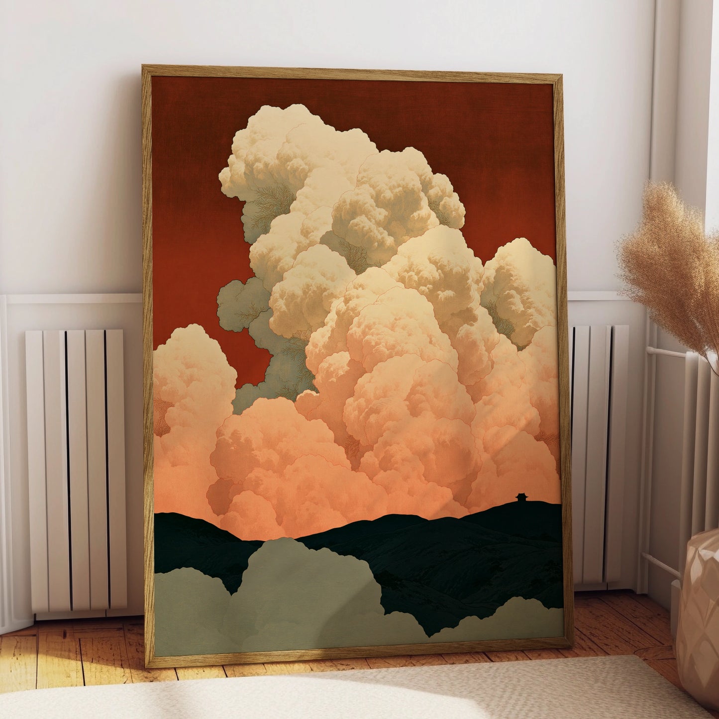 Cloudscape Art Print, Dramatic Clouds Over Mountains, Warm Tones, Minimalist Decor