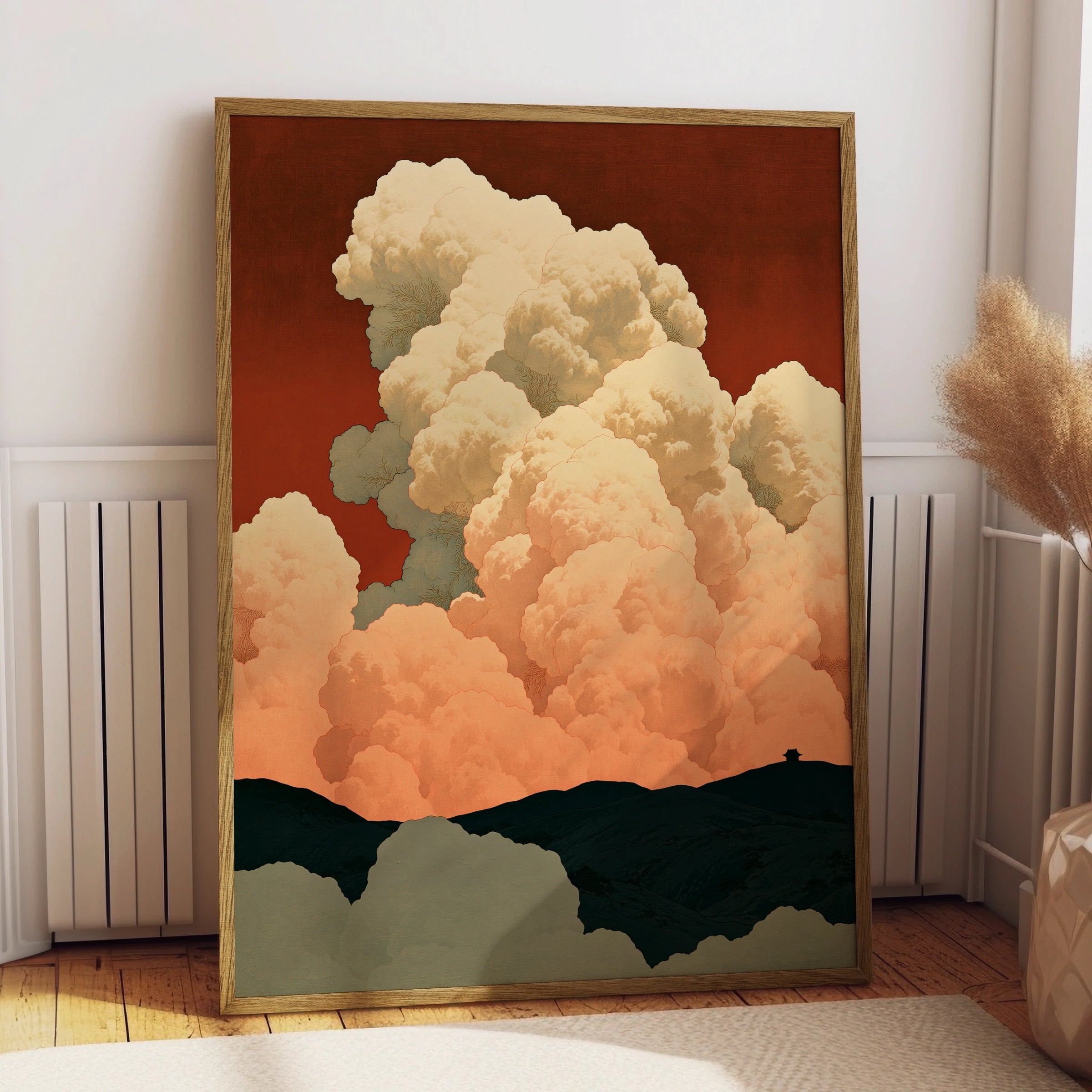 Cloudscape Art Print, Dramatic Clouds Over Mountains, Warm Tones, Minimalist Decor