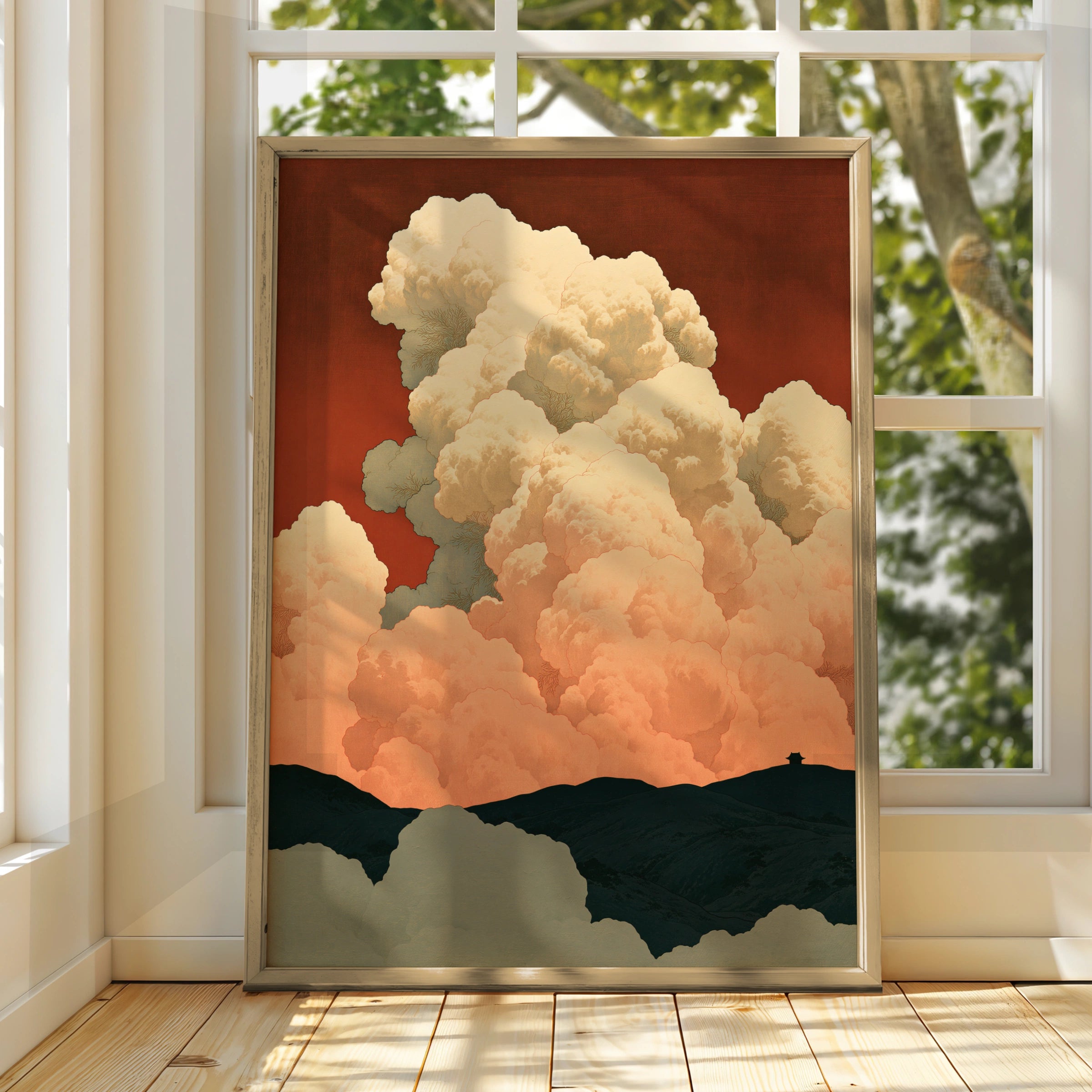 Cloudscape Art Print, Dramatic Clouds Over Mountains, Warm Tones, Minimalist Decor