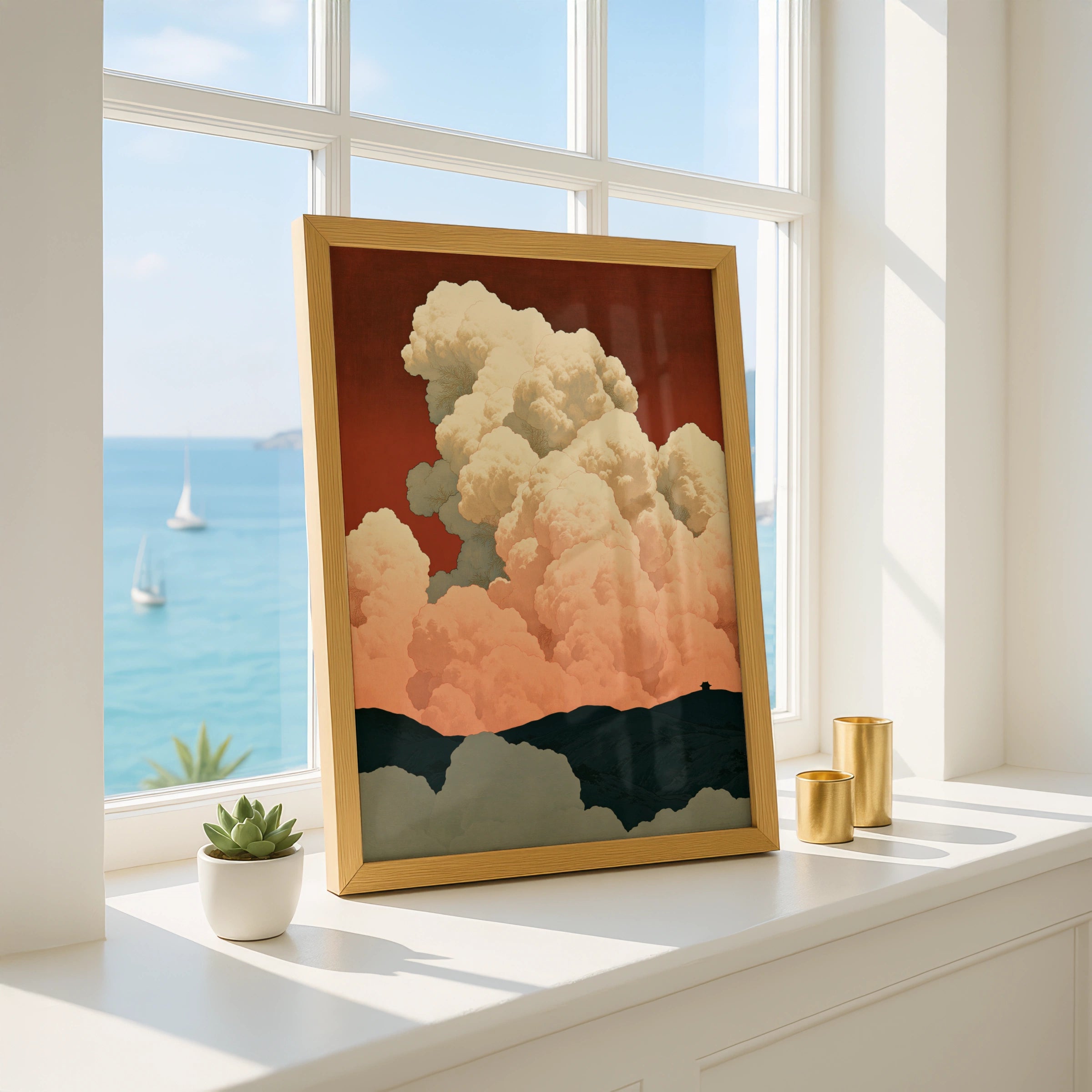 Cloudscape Art Print, Dramatic Clouds Over Mountains, Warm Tones, Minimalist Decor