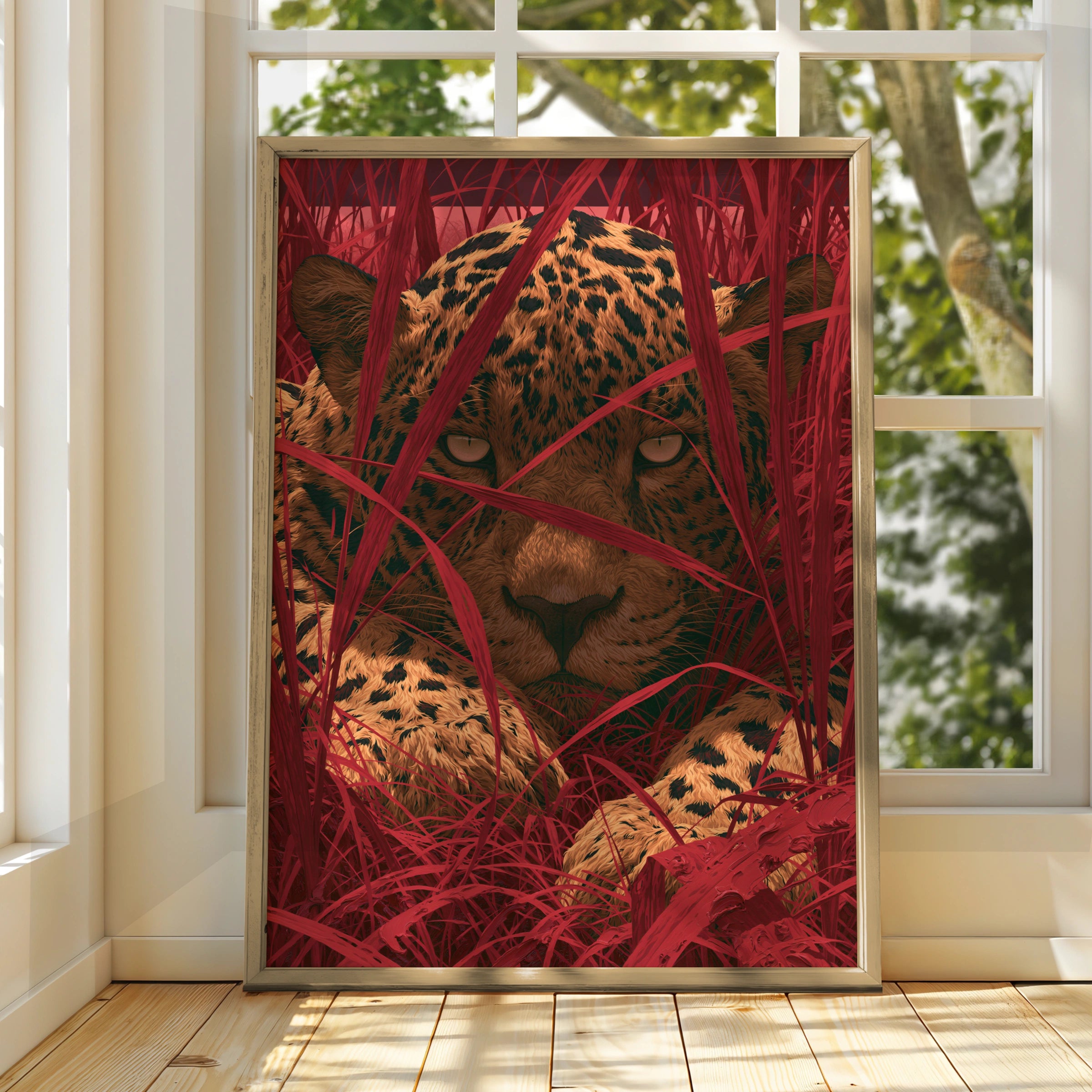 Jaguar Stalking, Animal Wall Art, Bold Red Leaves, Modern Digital Print