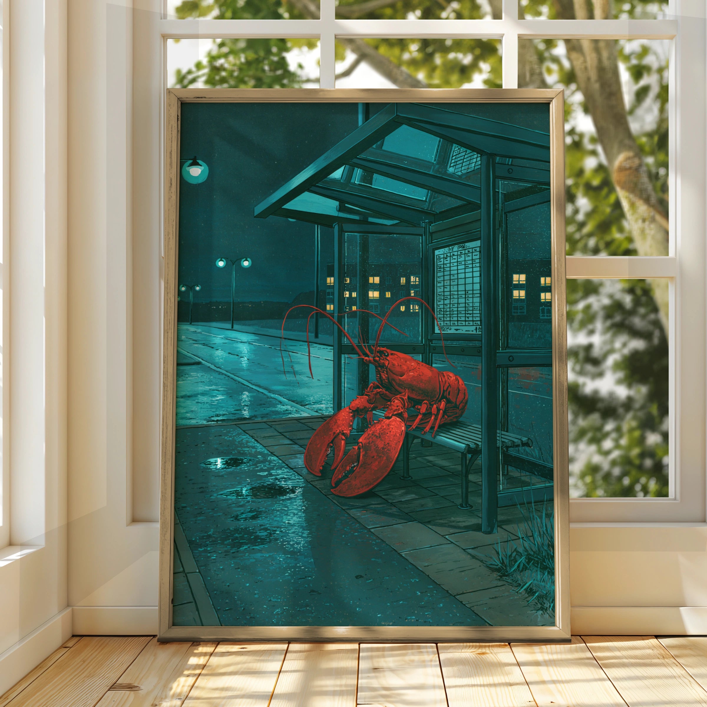 Lobster at Bus Stop Art Print, Quirky Maritime Decor, Night Scene Illustration