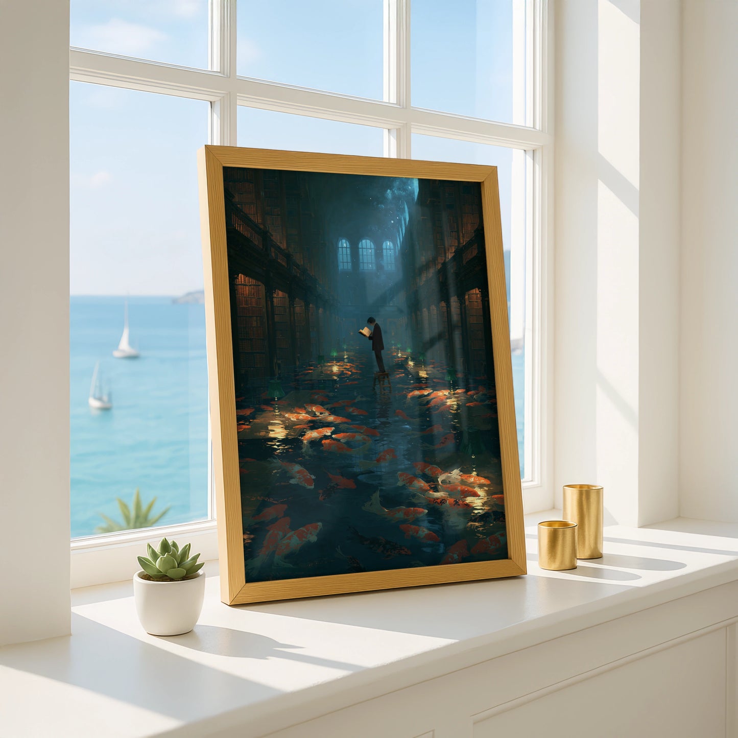 Koi Fish in Library Scene, Printable Wall Art, Dreamy, Magical Atmosphere