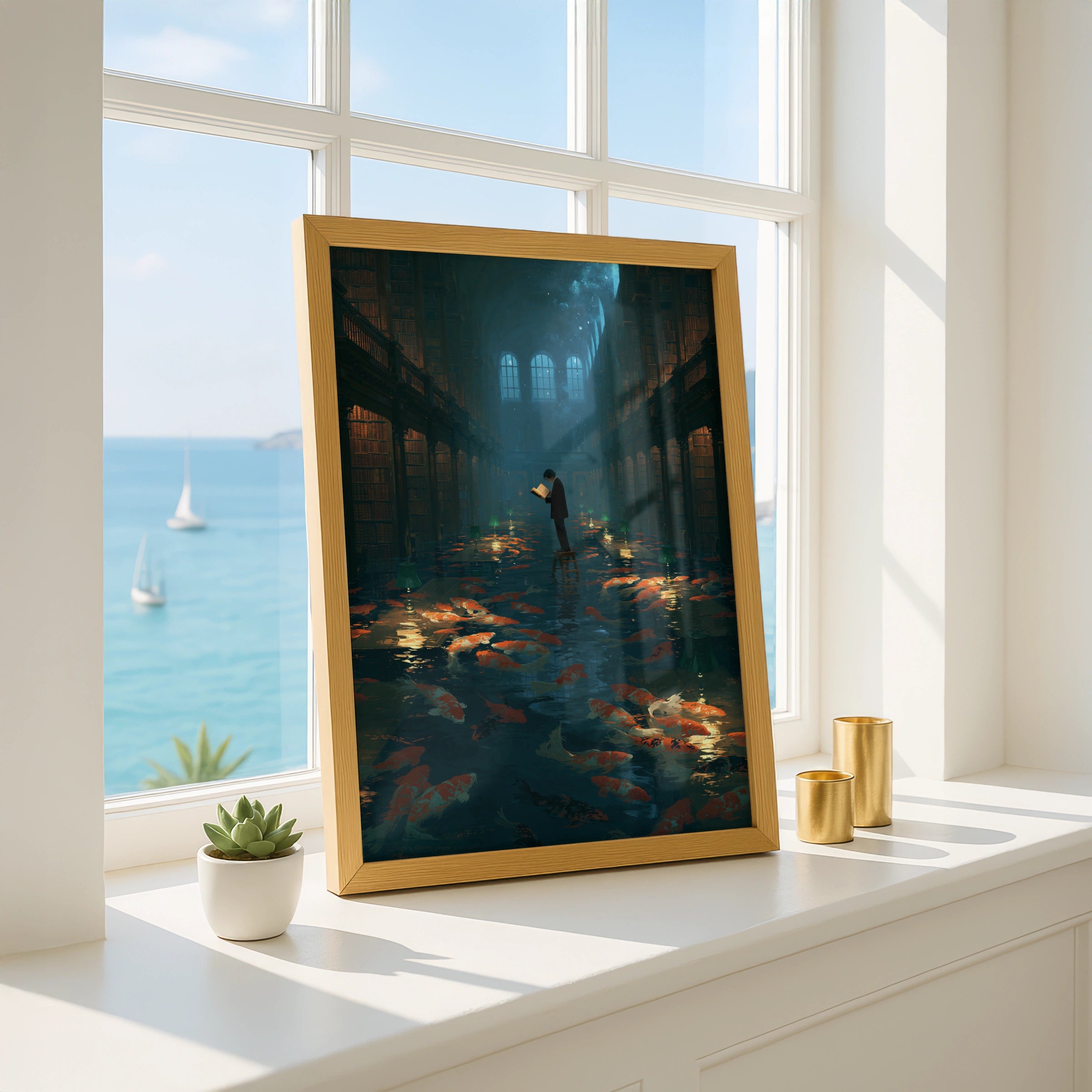 Koi Fish in Library Scene, Printable Wall Art, Dreamy, Magical Atmosphere