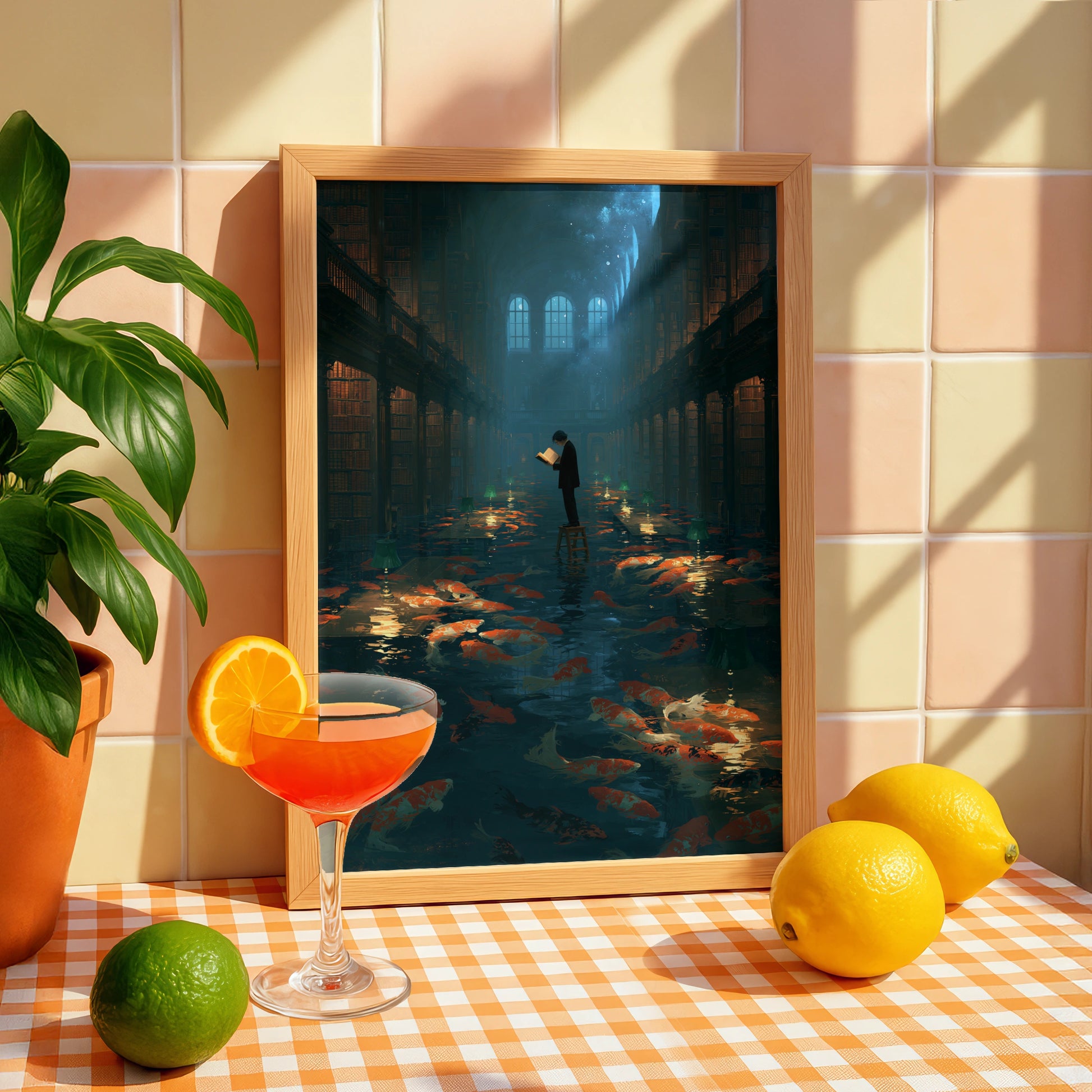 Koi Fish in Library Scene, Printable Wall Art, Dreamy, Magical Atmosphere