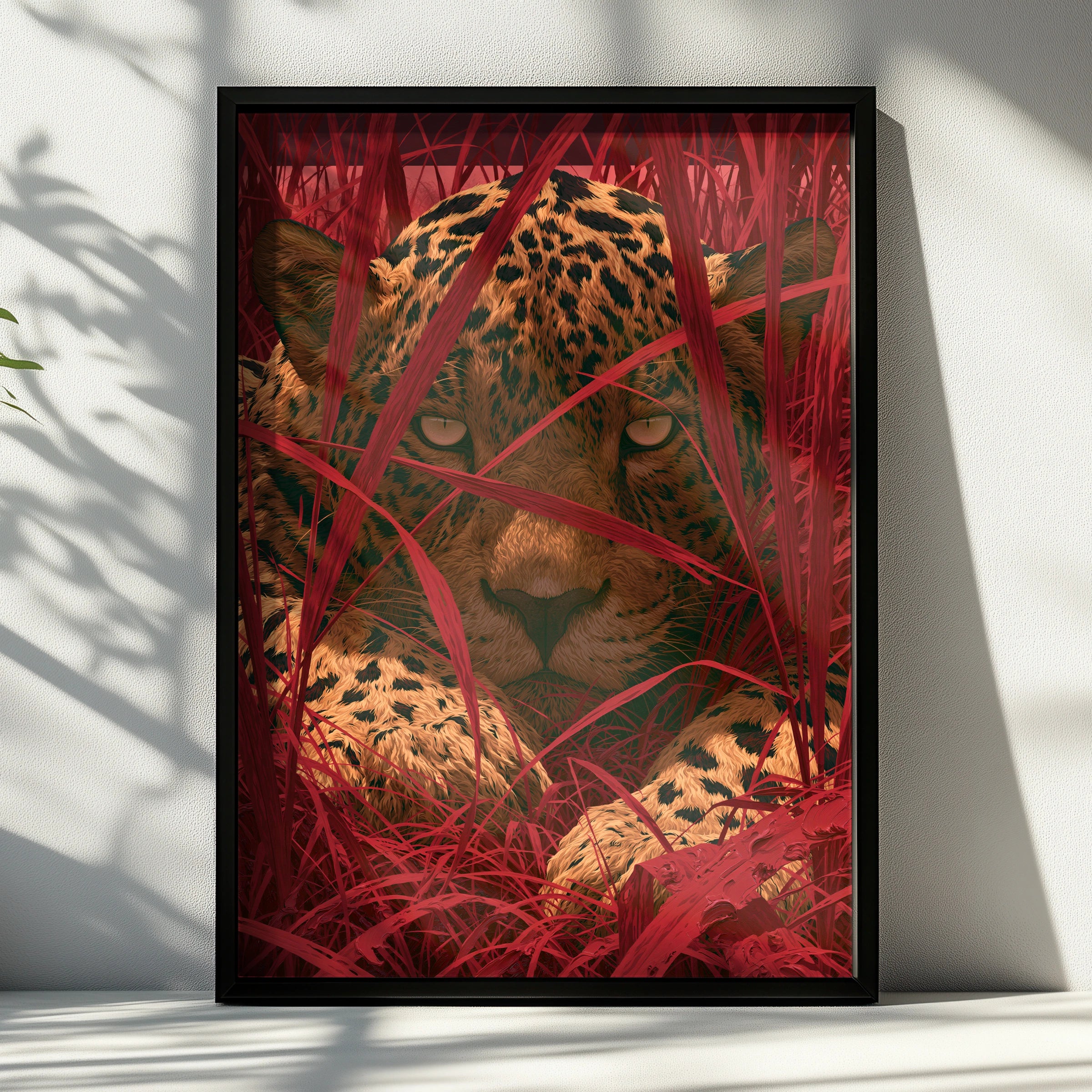 Jaguar Stalking, Animal Wall Art, Bold Red Leaves, Modern Digital Print