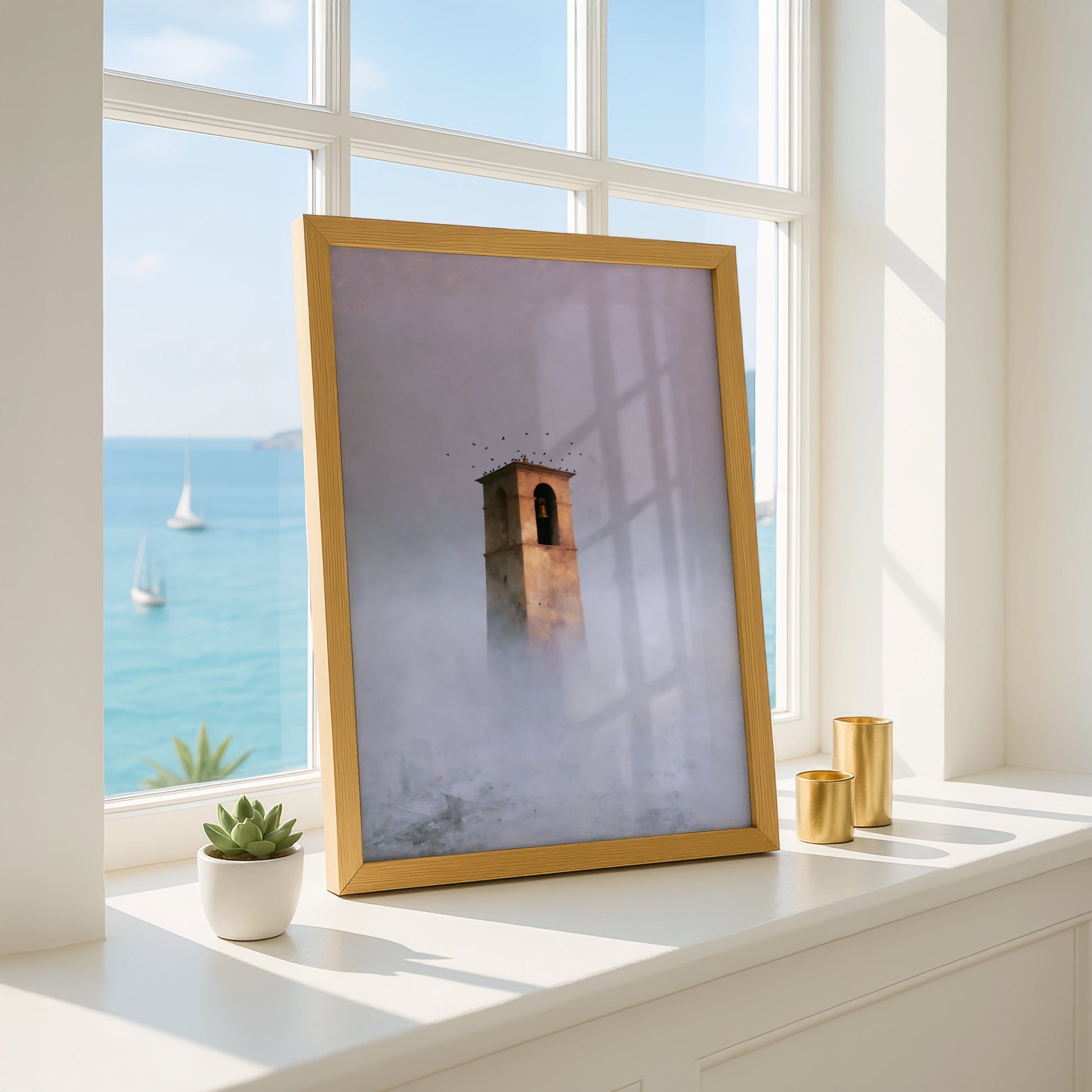 Belltower in Fog, Landscape Art Print, Atmospheric Wall Decor, Minimalist Decor, Serene Home Artwork