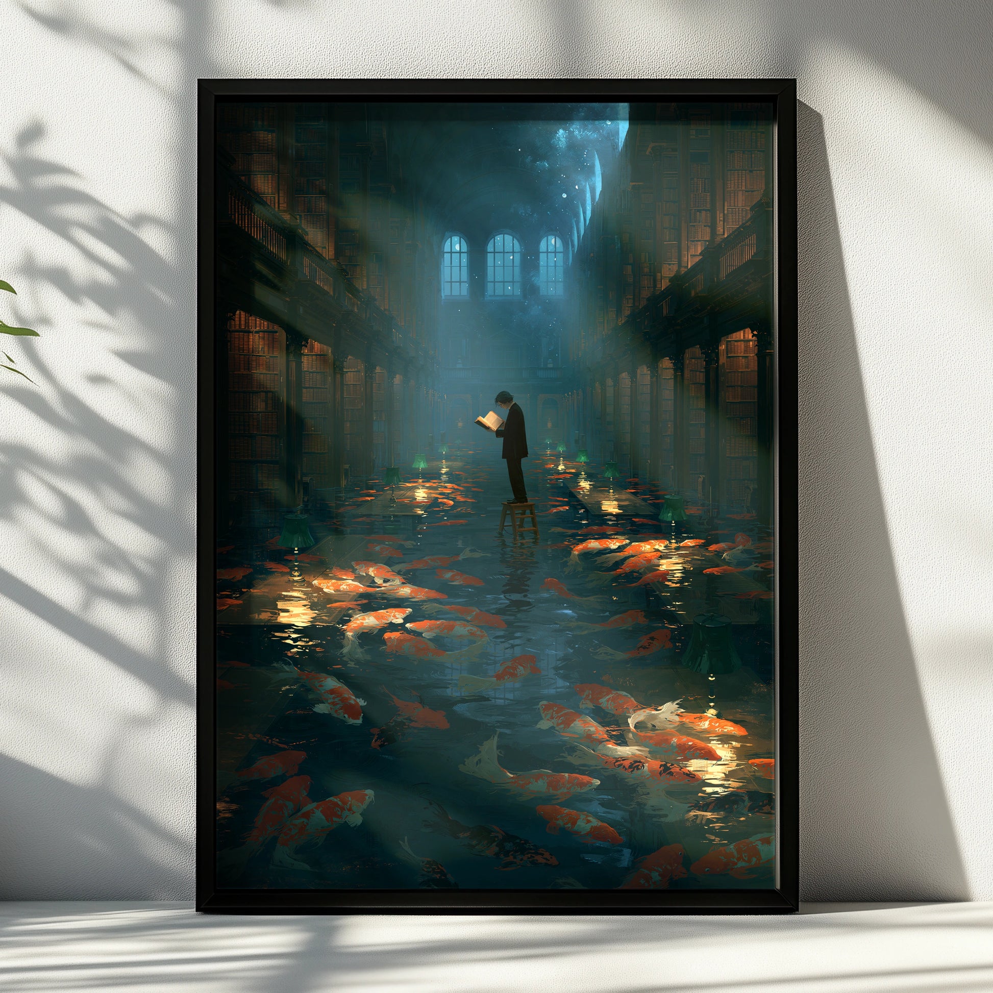 Koi Fish in Library Scene, Printable Wall Art, Dreamy, Magical Atmosphere