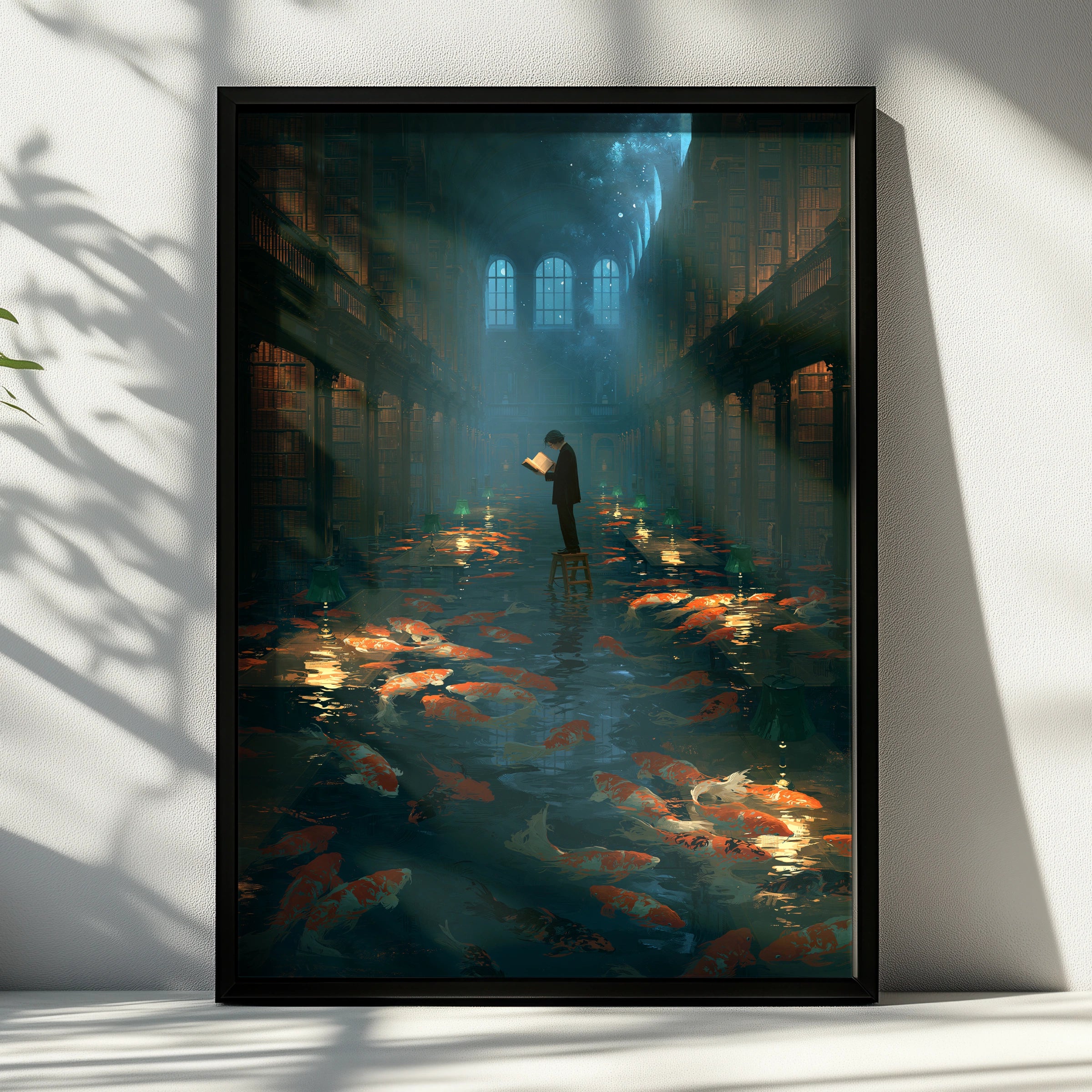 Koi Fish in Library Scene, Printable Wall Art, Dreamy, Magical Atmosphere