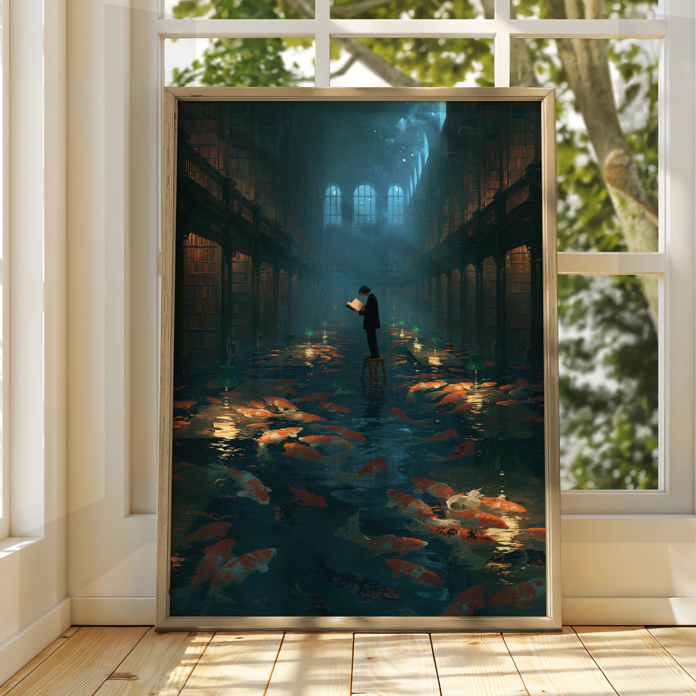 Koi Fish in Library Scene, Printable Wall Art, Dreamy, Magical Atmosphere