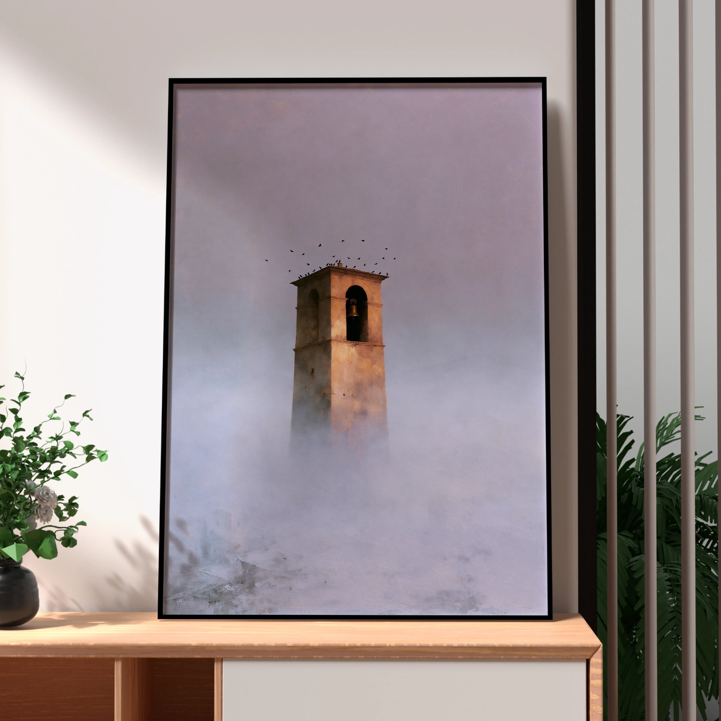 Belltower in Fog, Landscape Art Print, Atmospheric Wall Decor, Minimalist Decor, Serene Home Artwork