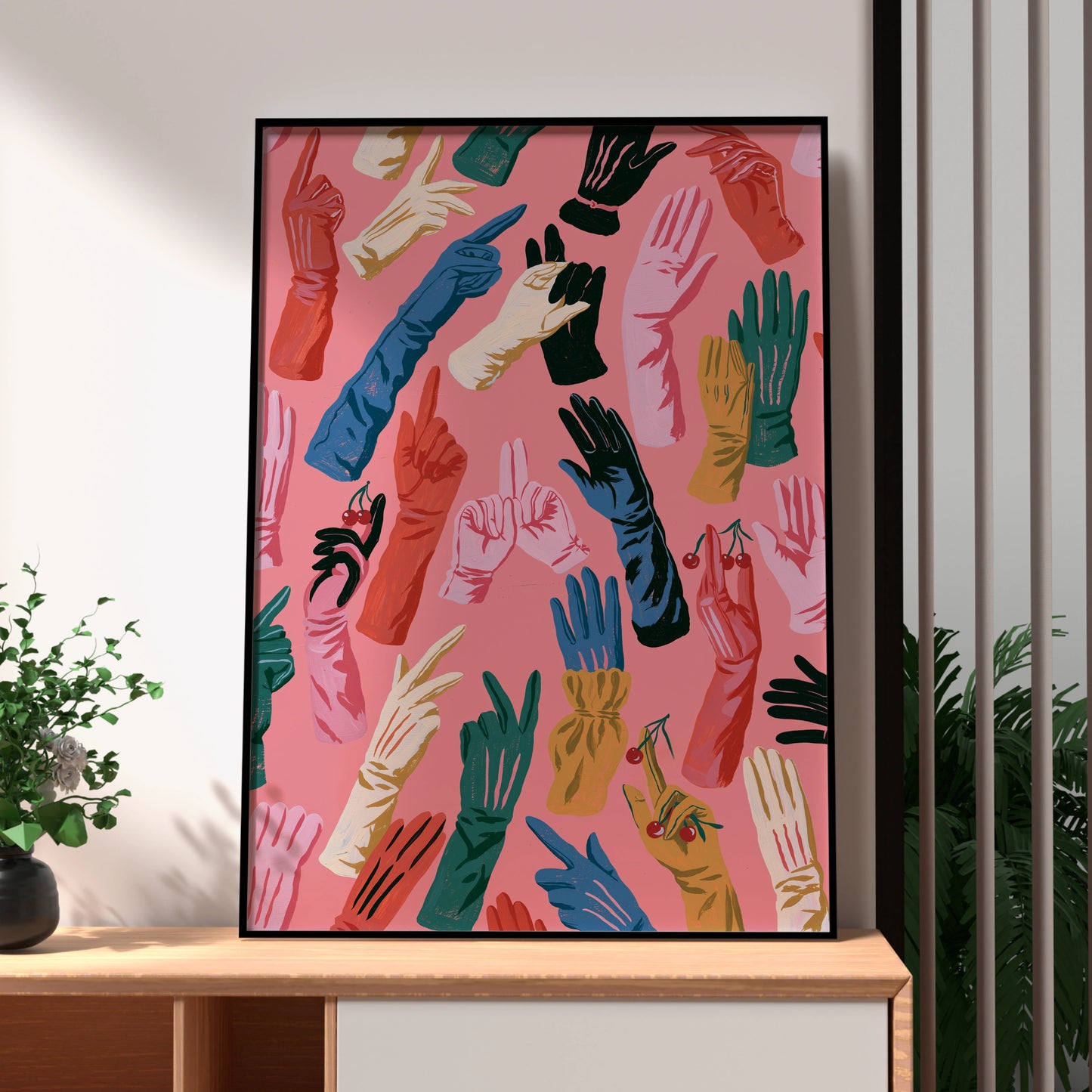 Colourful Gloves Motif Art Print, Vibrant Hand Illustrations, Whimsical Home Decor