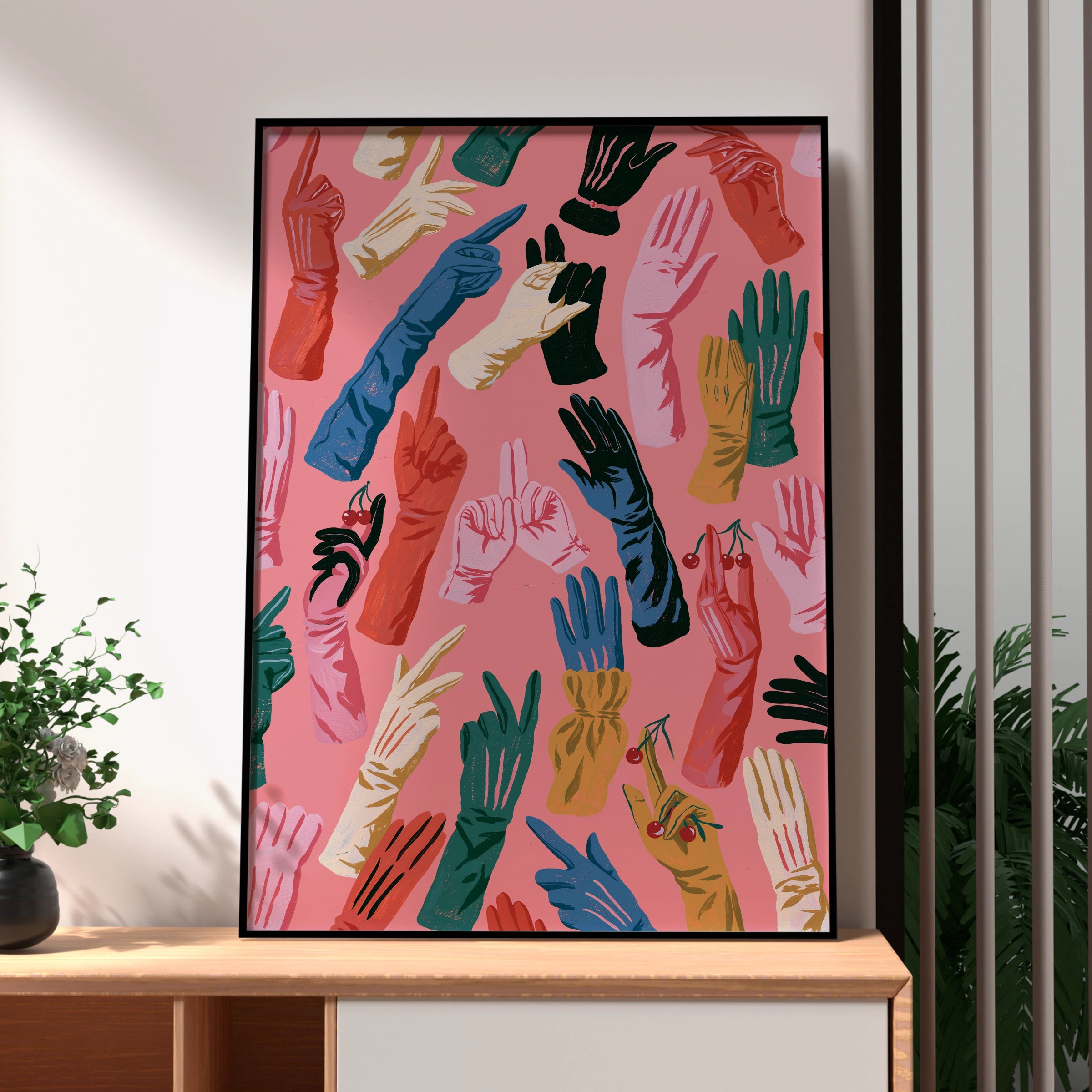 Colourful Gloves Motif Art Print, Vibrant Hand Illustrations, Whimsical Home Decor