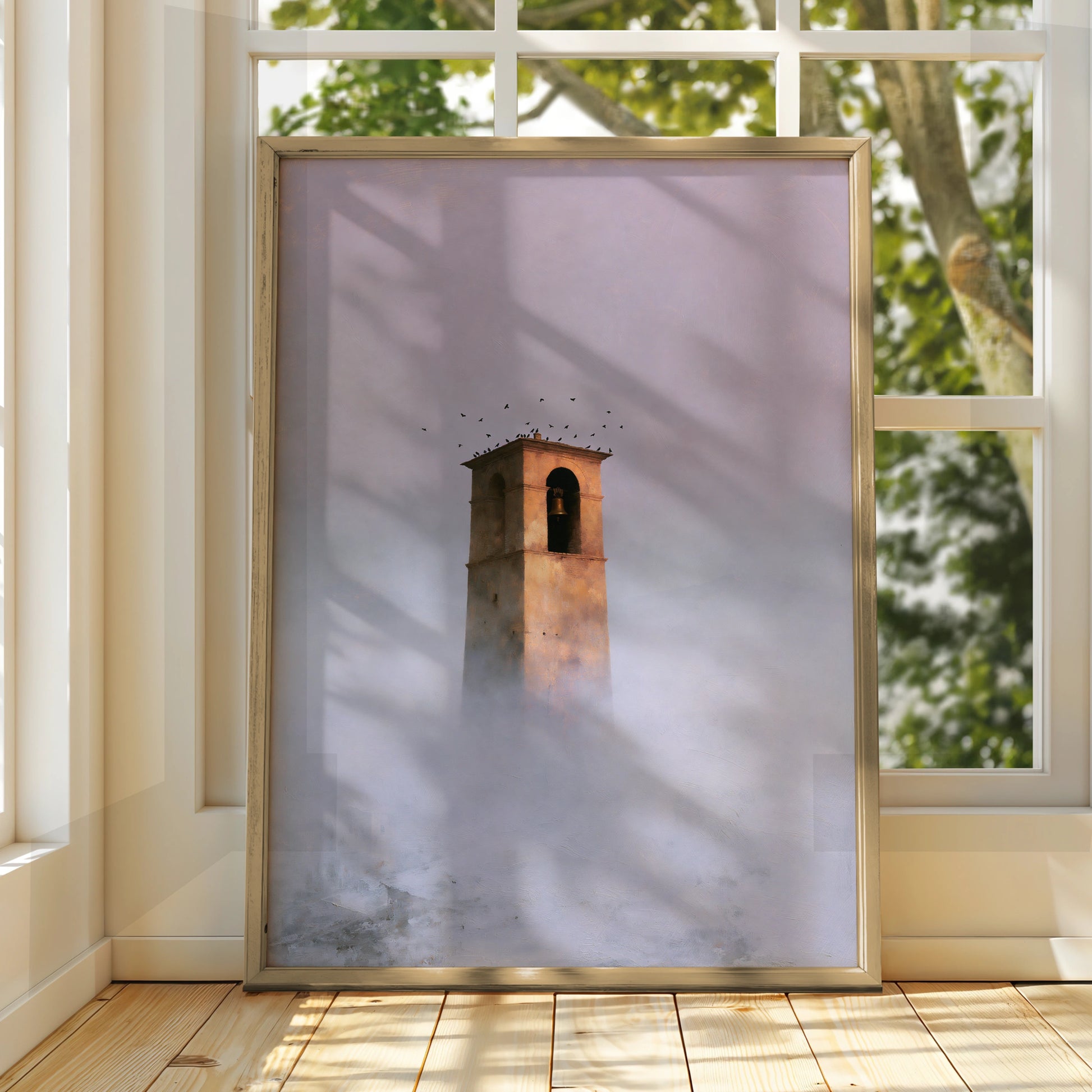 Belltower in Fog, Landscape Art Print, Atmospheric Wall Decor, Minimalist Decor, Serene Home Artwork