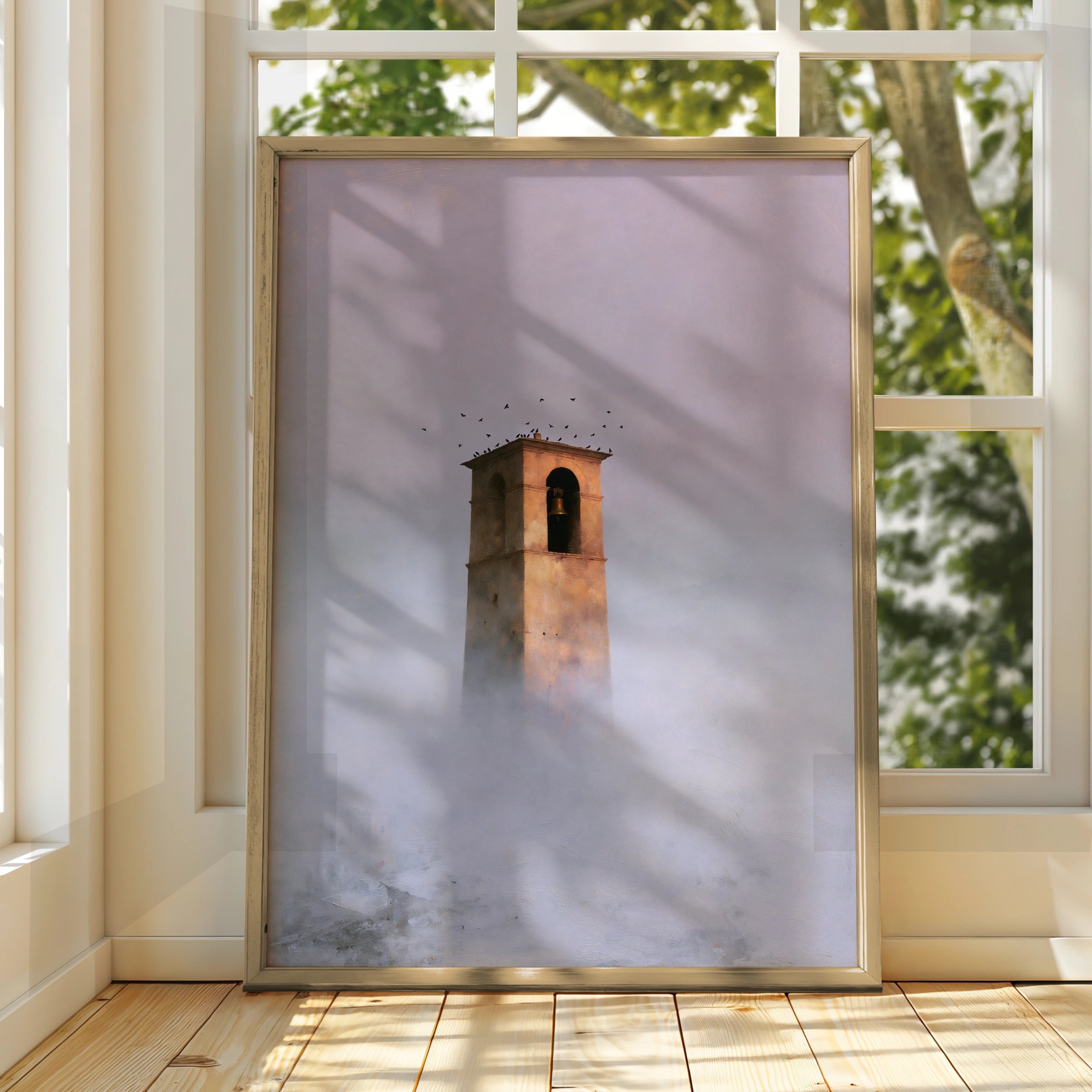 Belltower in Fog, Landscape Art Print, Atmospheric Wall Decor, Minimalist Decor, Serene Home Artwork