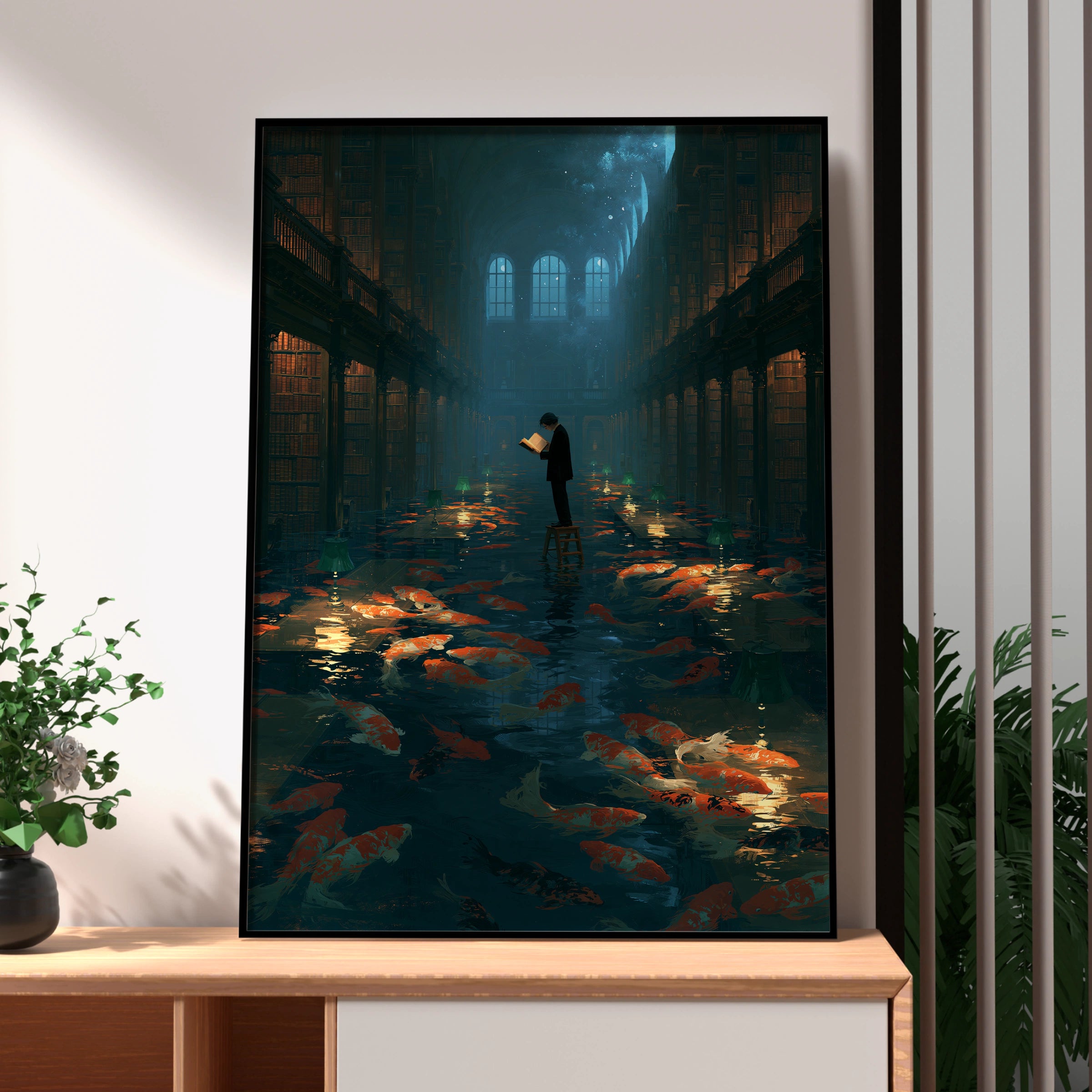 Koi Fish in Library Scene, Printable Wall Art, Dreamy, Magical Atmosphere