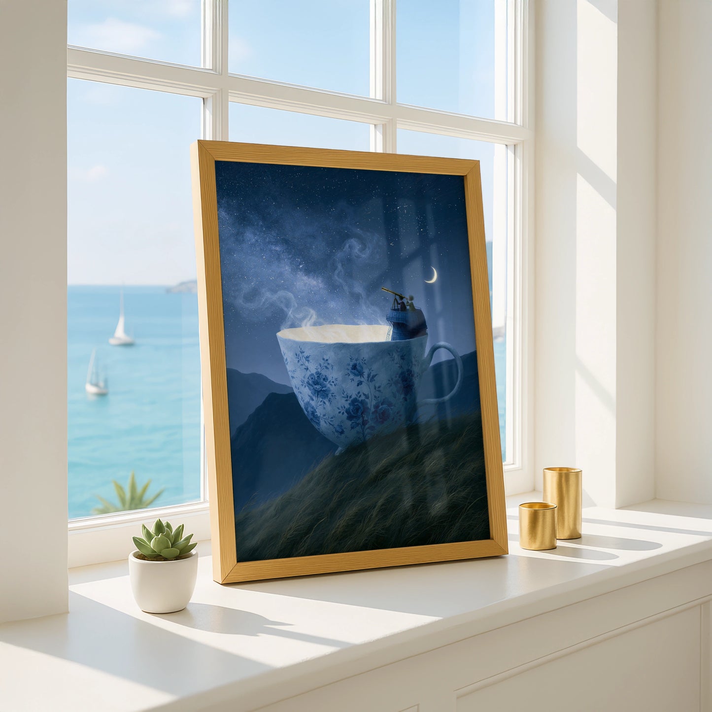 Teacup Hill Art Print, Whimsical Cosmic Journey, Unique Decor for Coffee Lovers