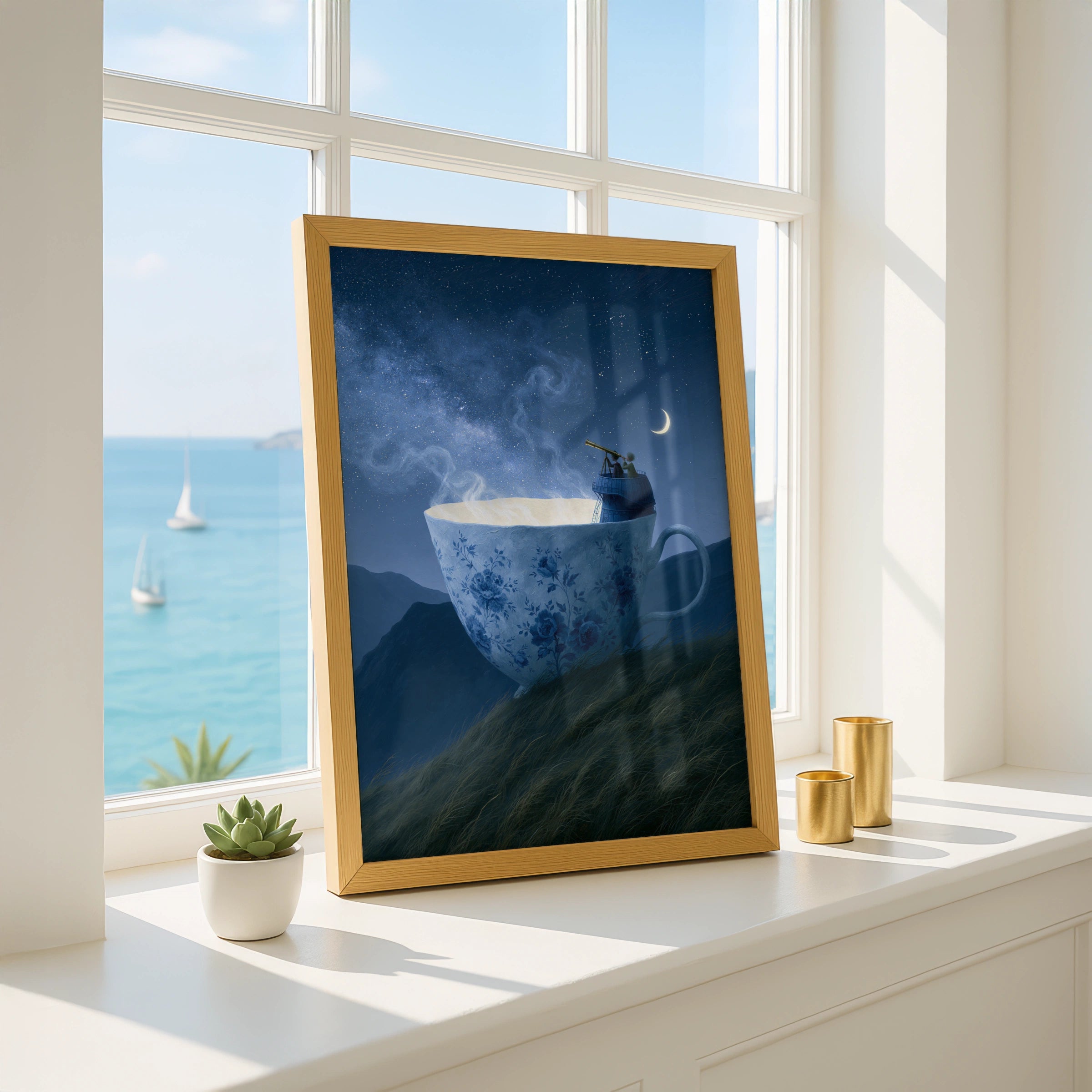 Teacup Hill Art Print, Whimsical Cosmic Journey, Unique Decor for Coffee Lovers