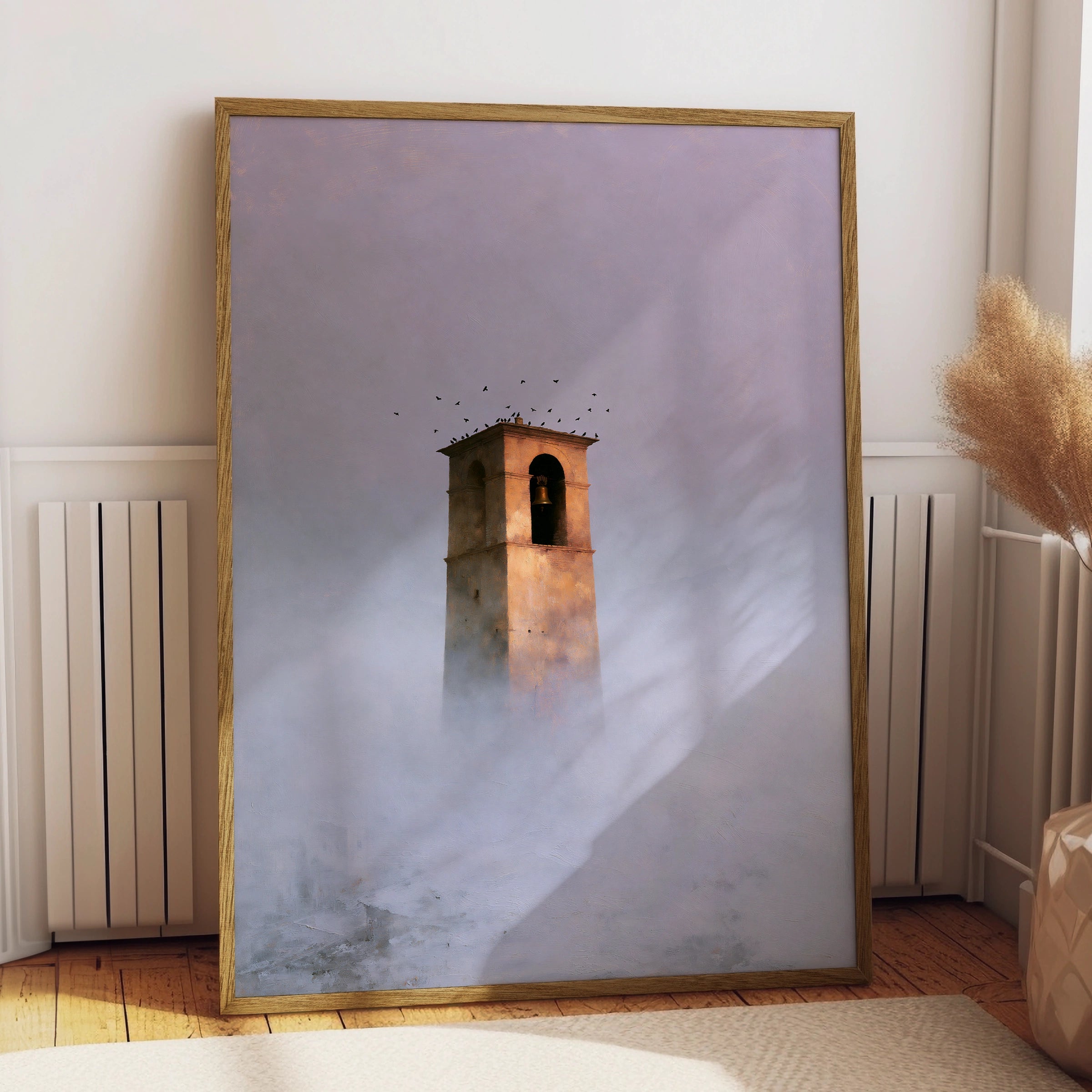 Belltower in Fog, Landscape Art Print, Atmospheric Wall Decor, Minimalist Decor, Serene Home Artwork
