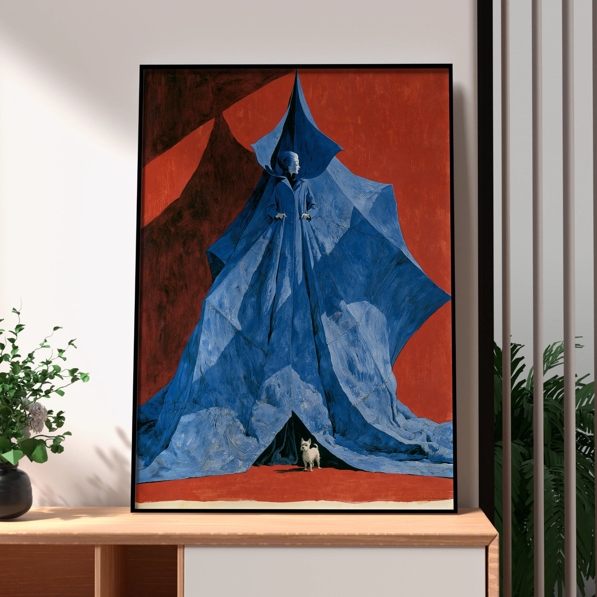 Blue Dog, Woman in Blue Cloak, Artistic Print, Bold Illustration, Wall Decor