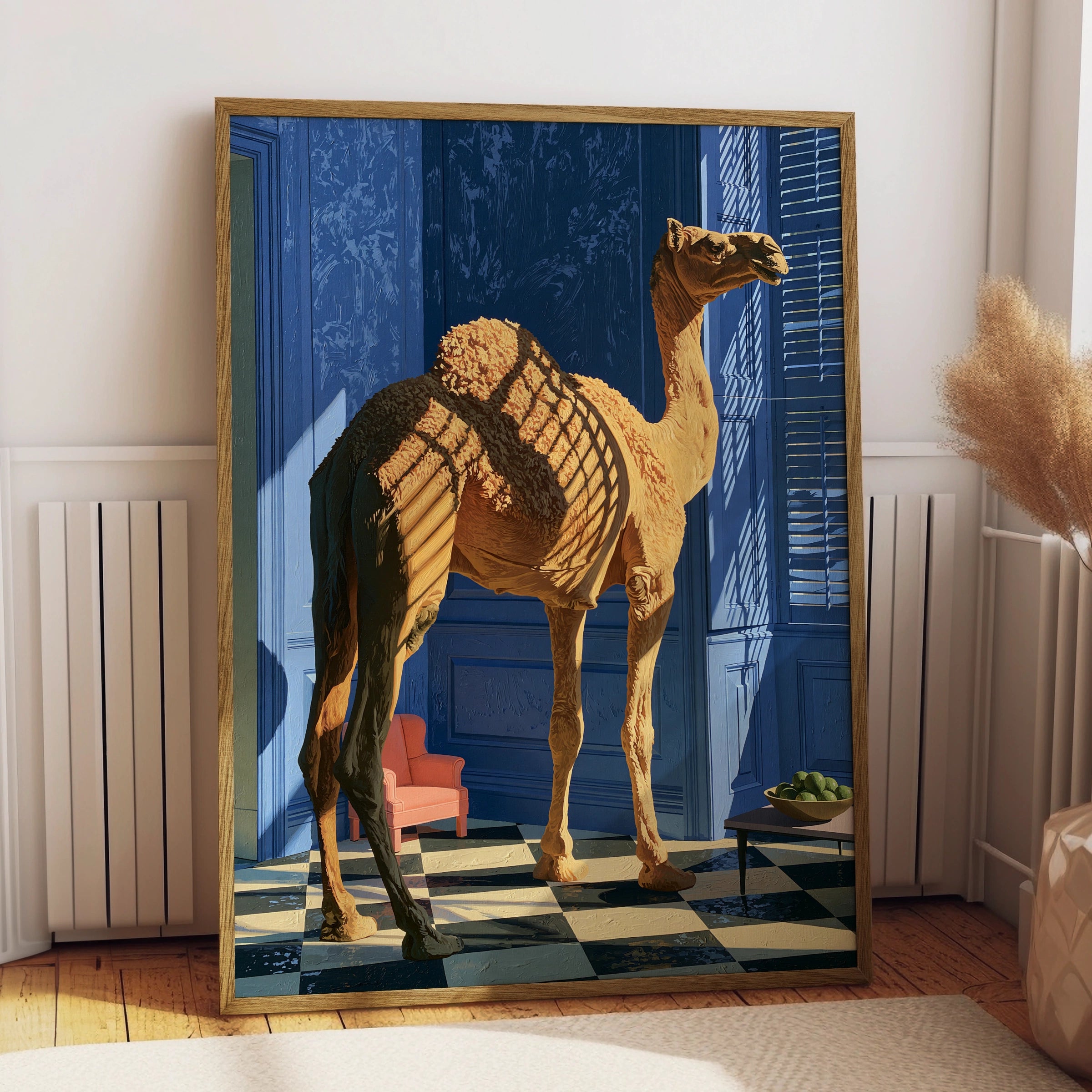 Camel in Blue Room Art Print, Unique Wall Decor, Vibrant Minimalism, Contemporary Home Design